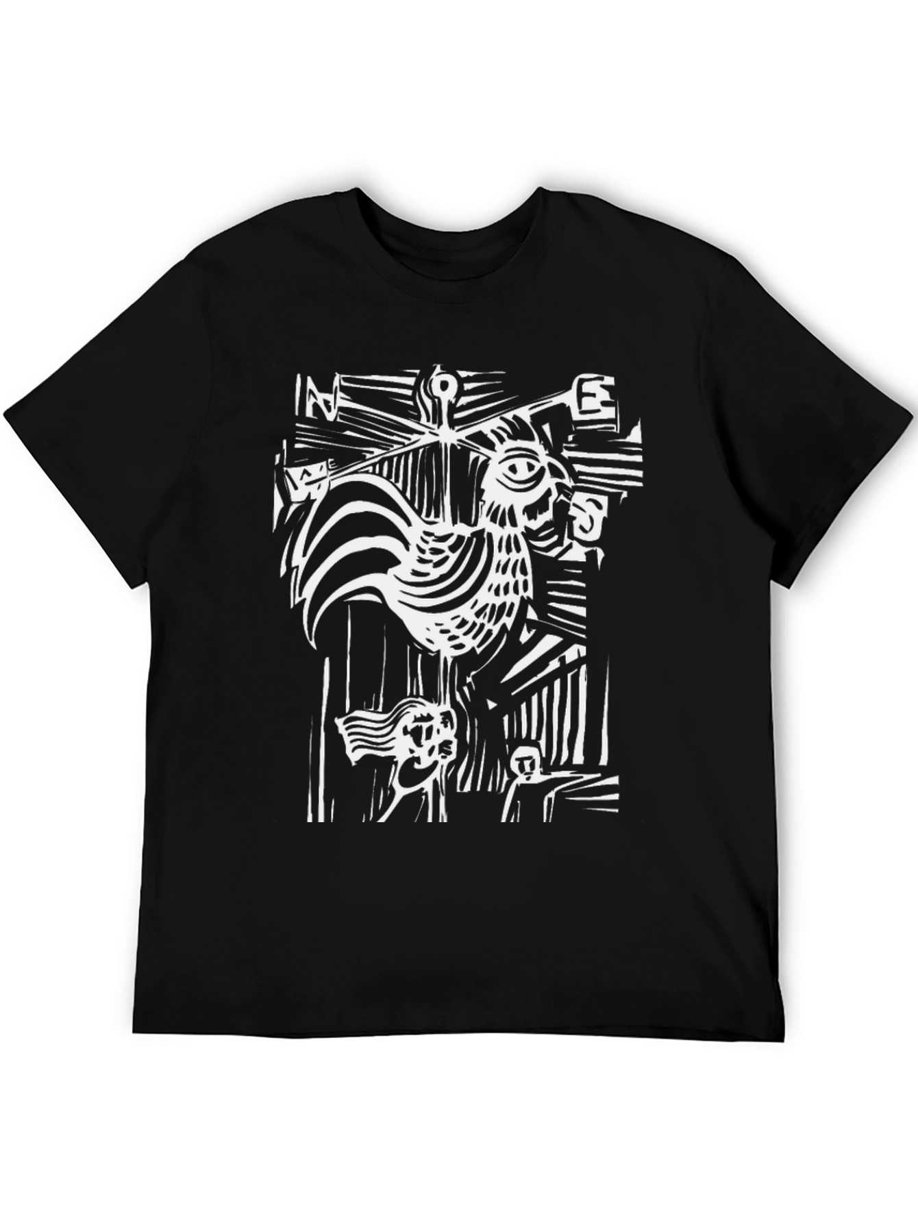 Abstract Rooster Graphic Tee - Black Cotton T-Shirt