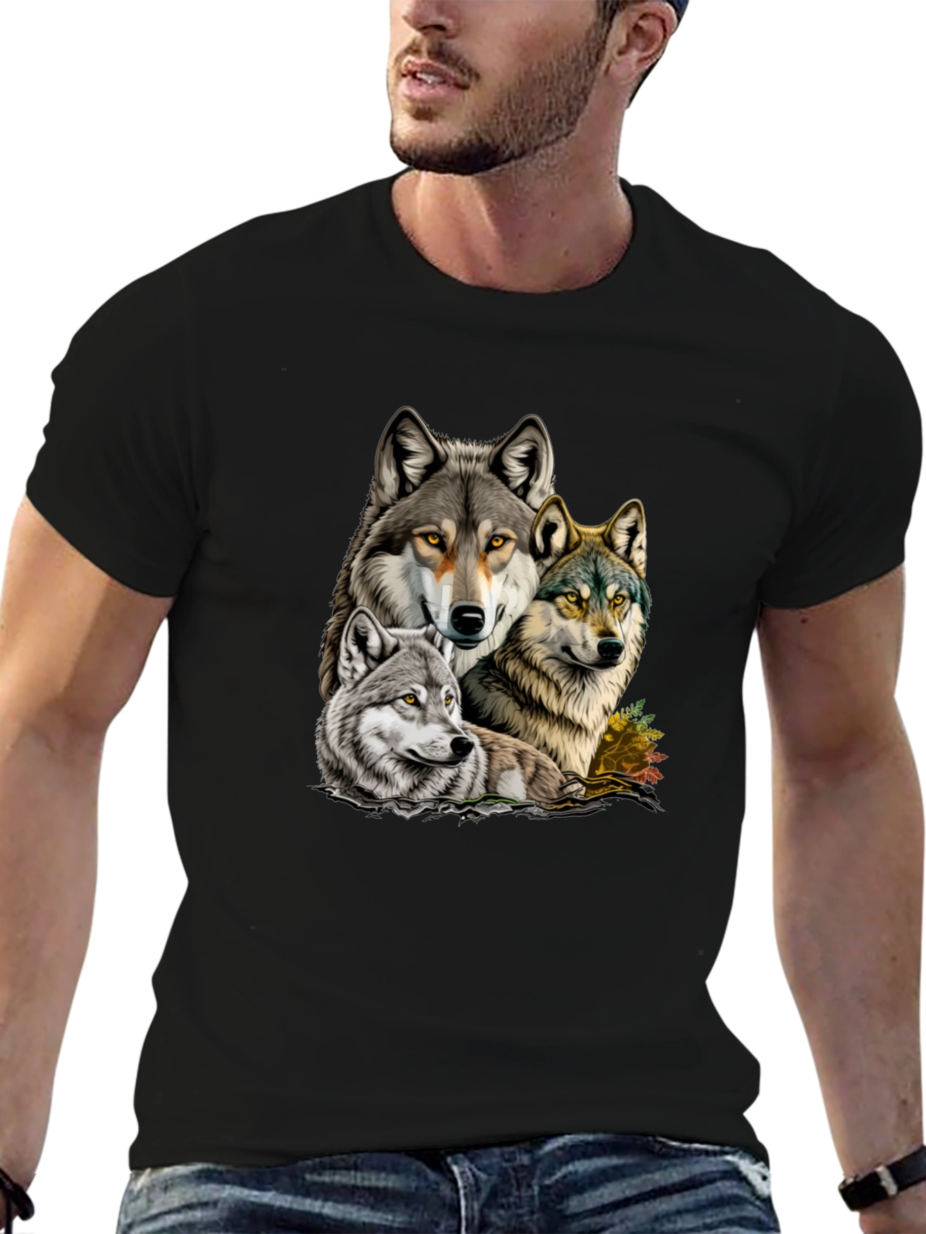 Wolf Pack Graphic Tee - Black Cotton T-Shirt