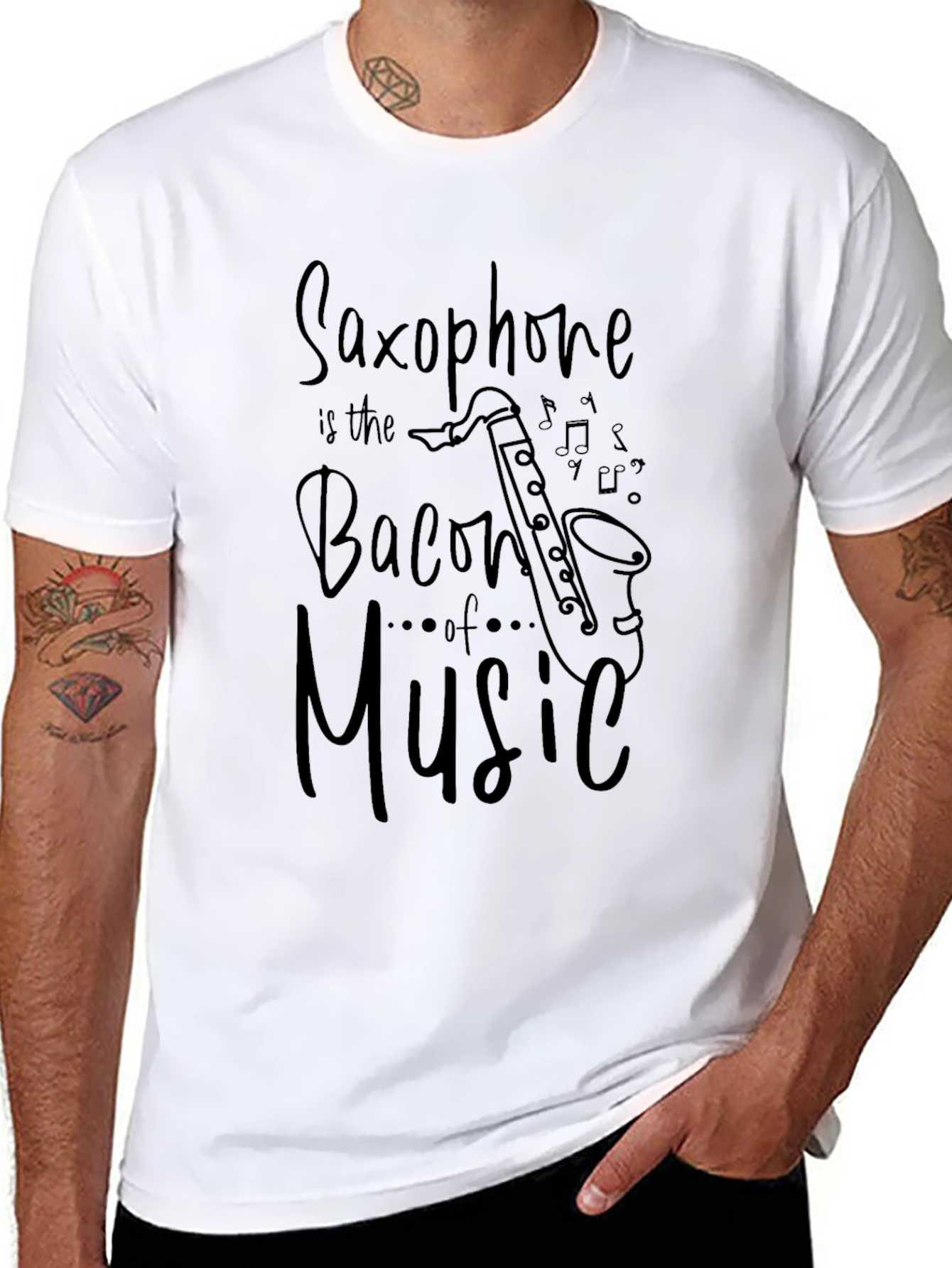 Saxophone Bacon of Music Black T-Shirt
