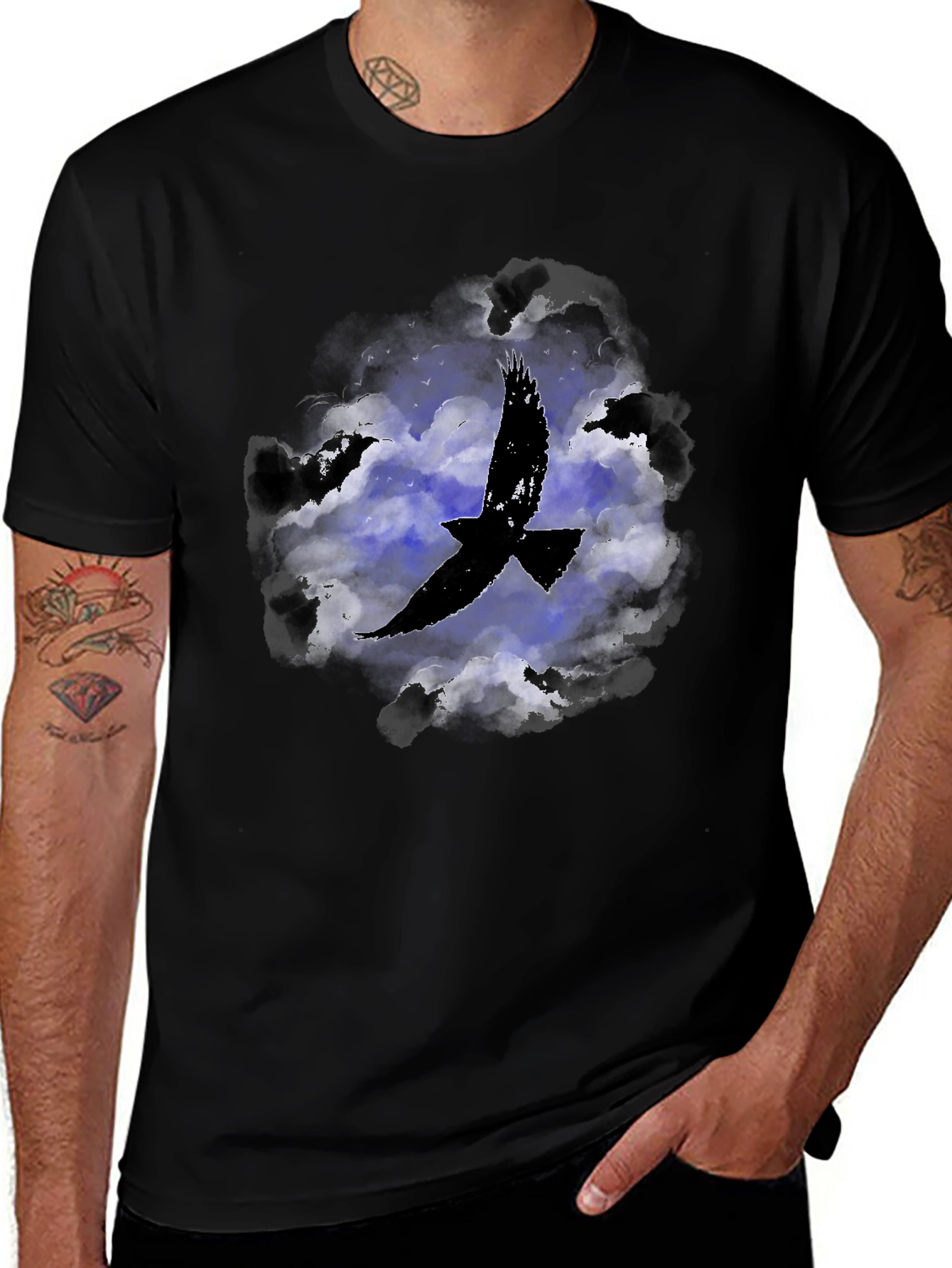 Raven in Clouds Graphic Tee - Black Cotton T-Shirt