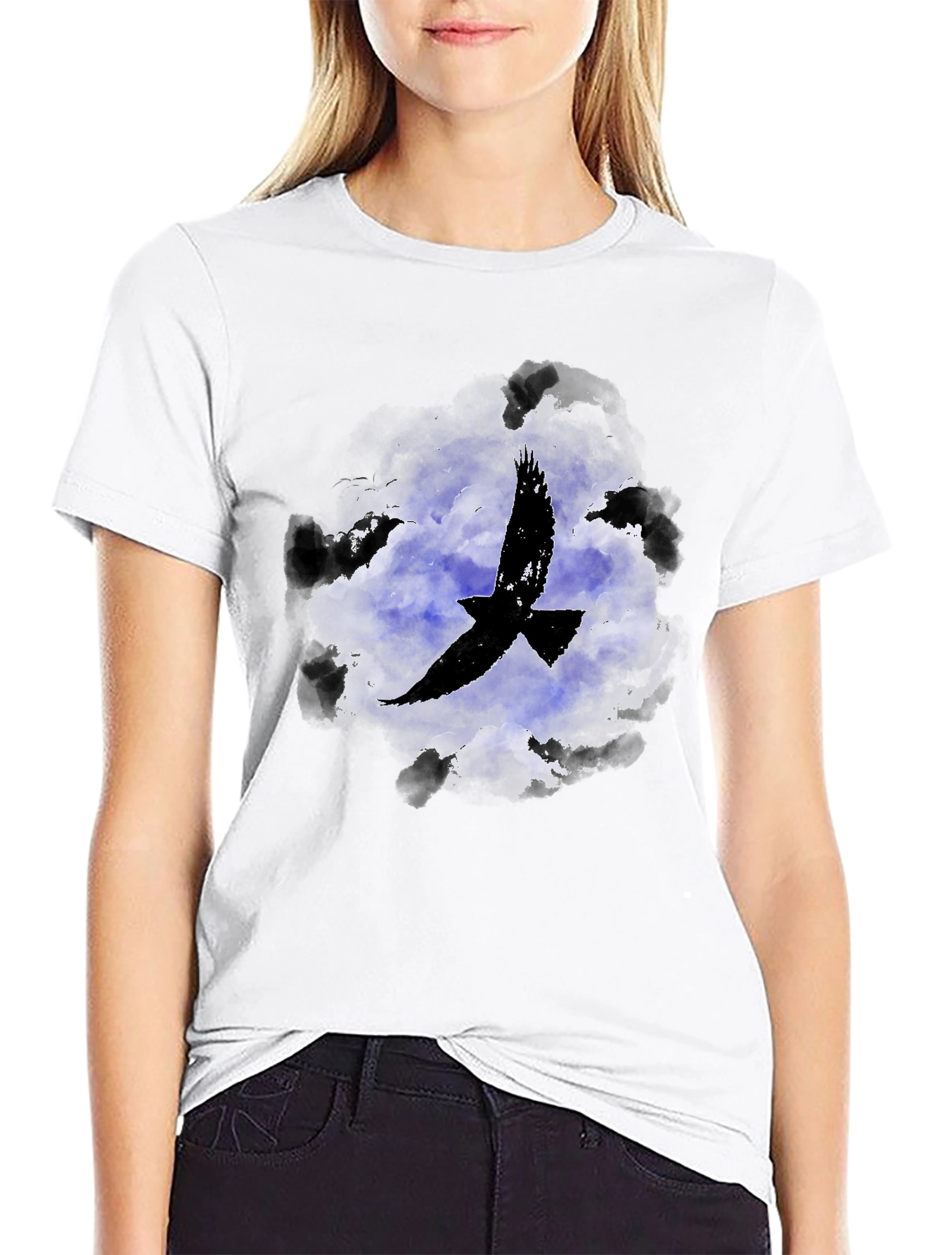 Raven in Clouds Graphic Tee - Black Cotton T-Shirt