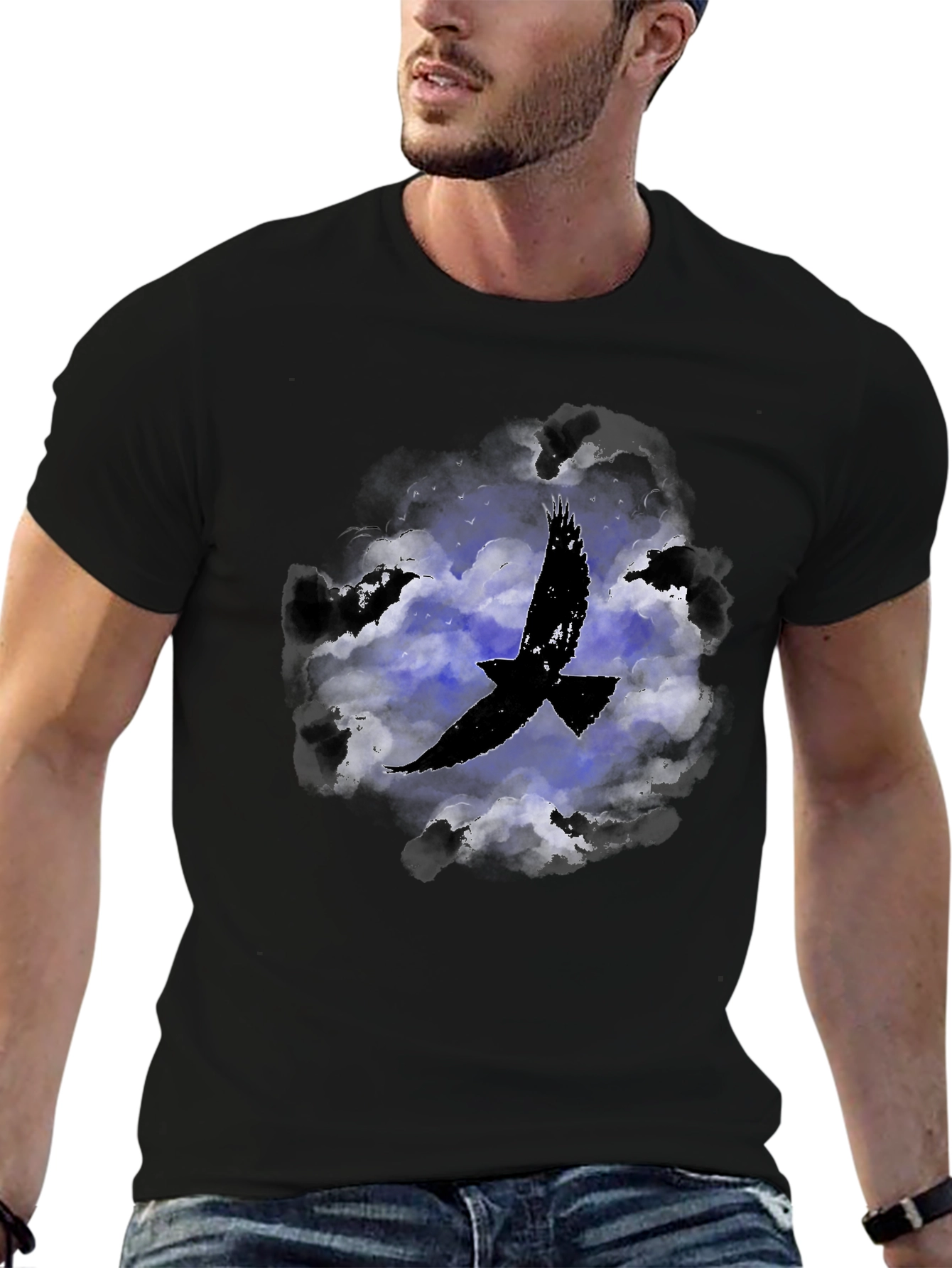 Raven in Clouds Graphic Tee - Black Cotton T-Shirt