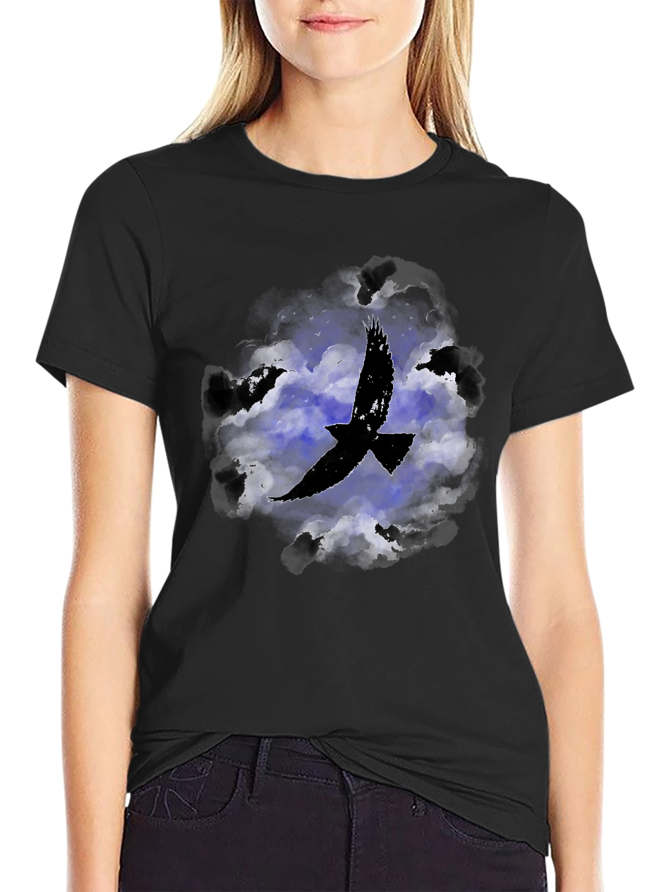 Raven in Clouds Graphic Tee - Black Cotton T-Shirt