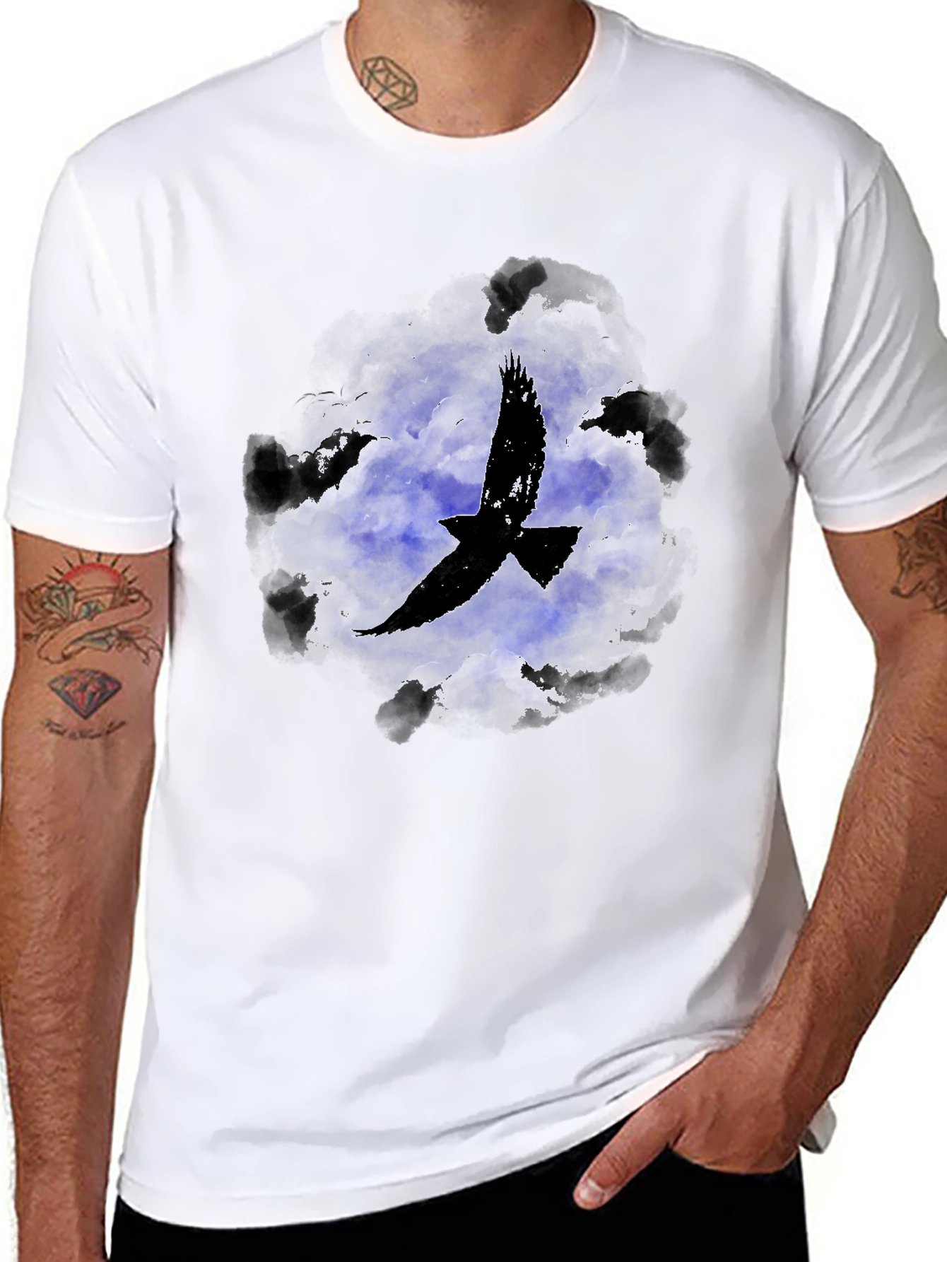 Raven in Clouds Graphic Tee - Black Cotton T-Shirt