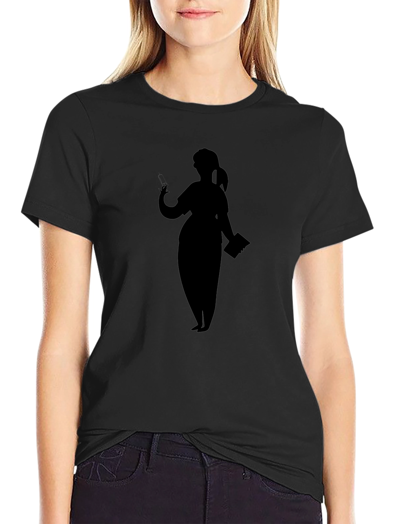 Silhouette Nurse Graphic T-Shirt - Black Cotton Casual Tee