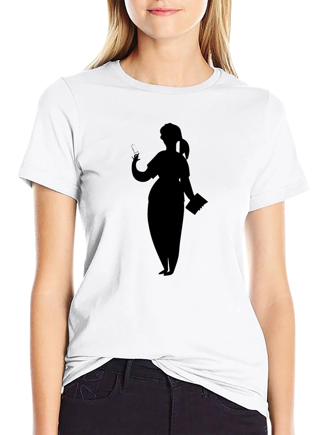 Silhouette Nurse Graphic T-Shirt - Black Cotton Casual Tee