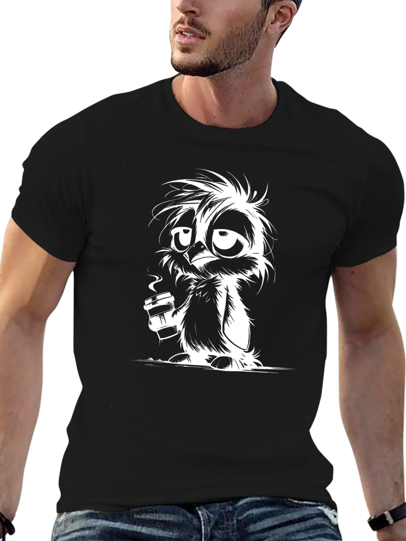 Coffee Owl Graphic Tee - Black Cotton T-Shirt