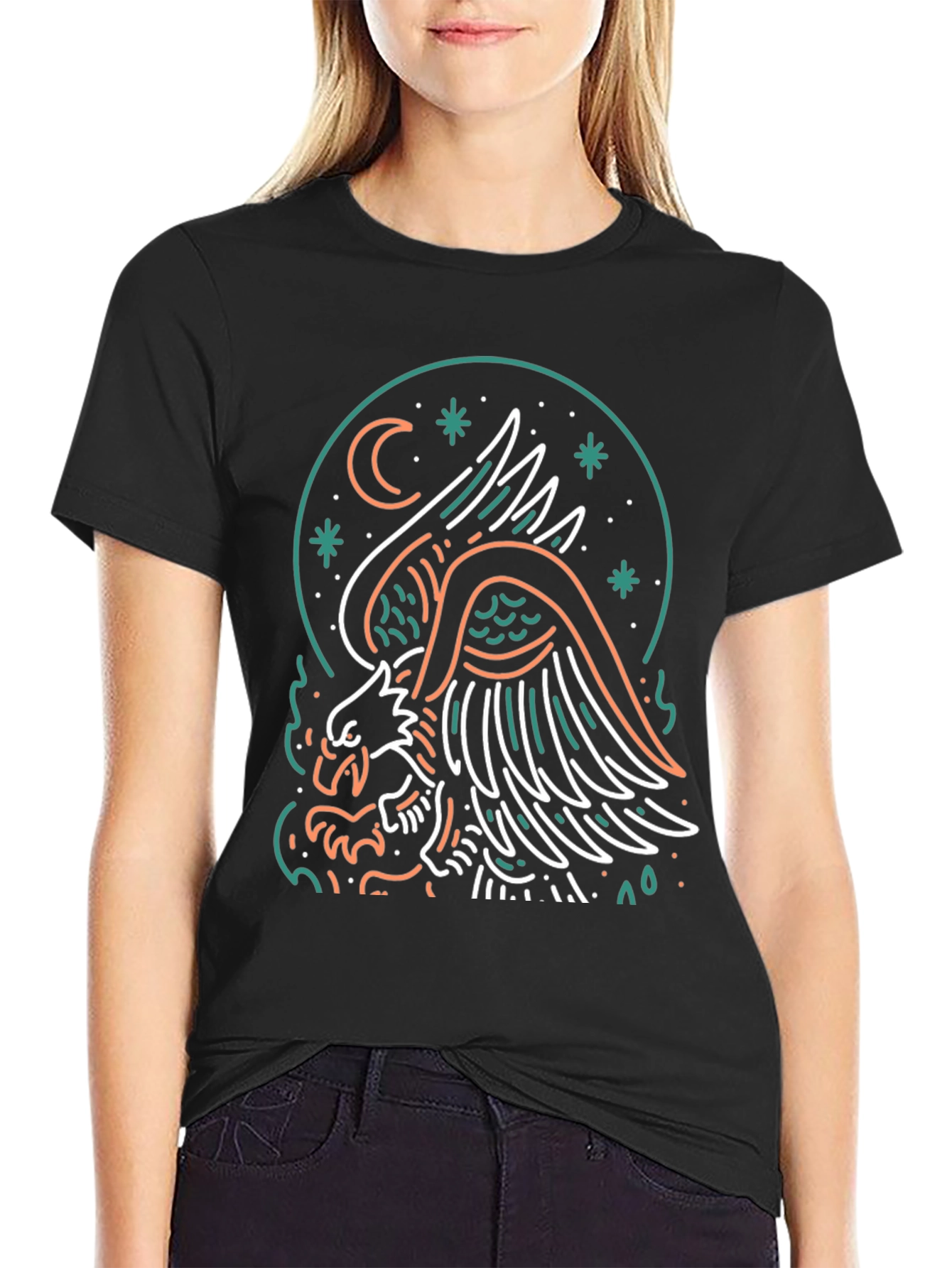 Eagle Moon Graphic Print Black T-Shirt