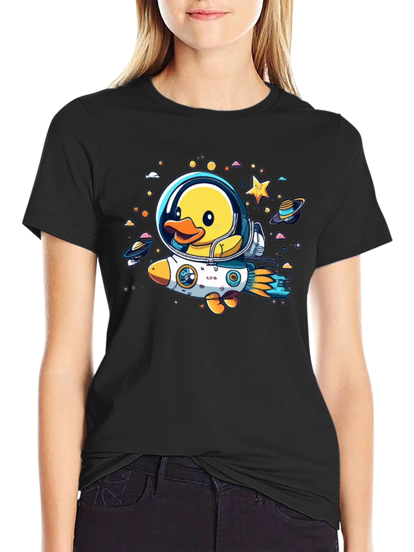 Duck in Space T-Shirt: Cartoon Astronaut Rocket Tee