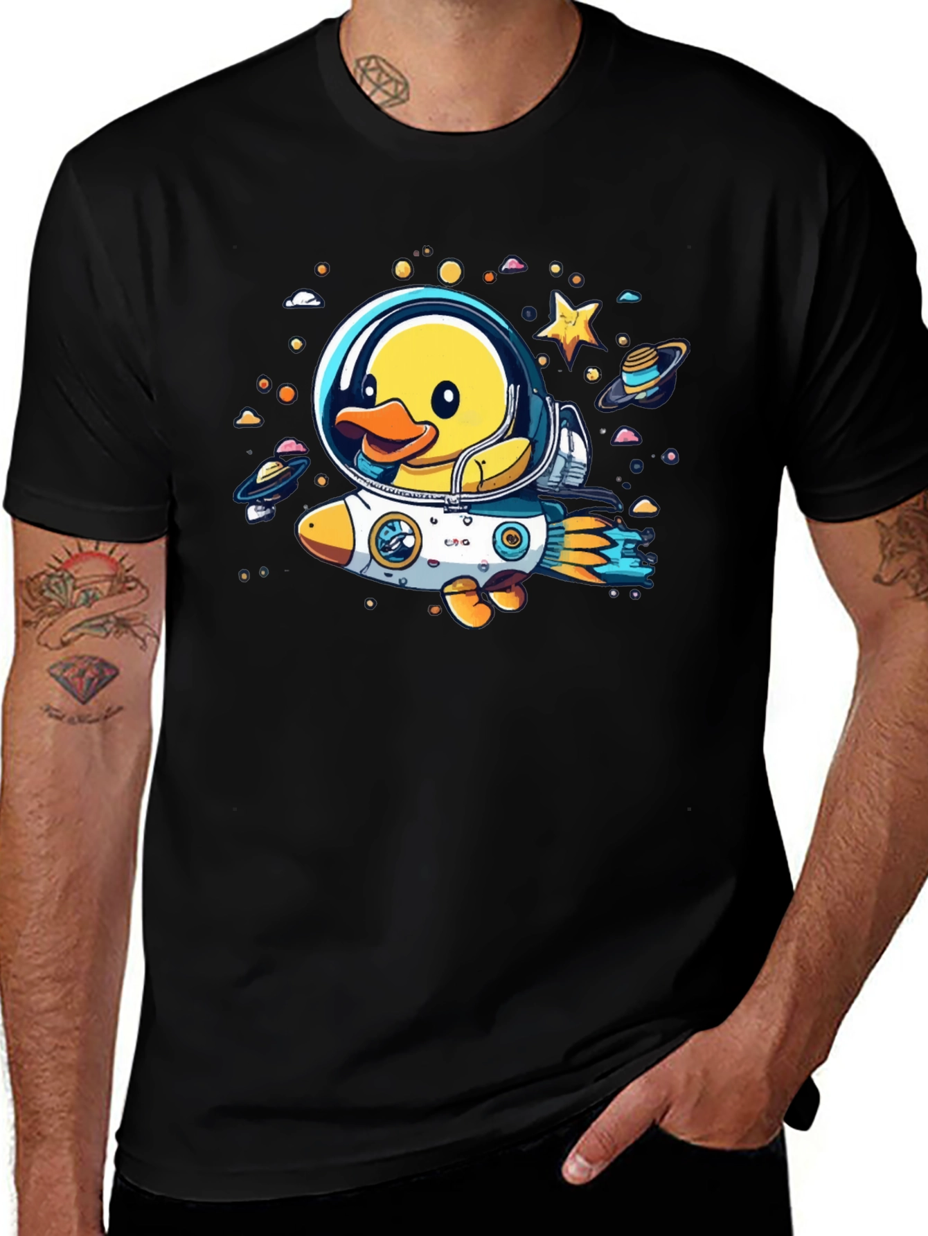 Duck in Space T-Shirt: Cartoon Astronaut Rocket Tee