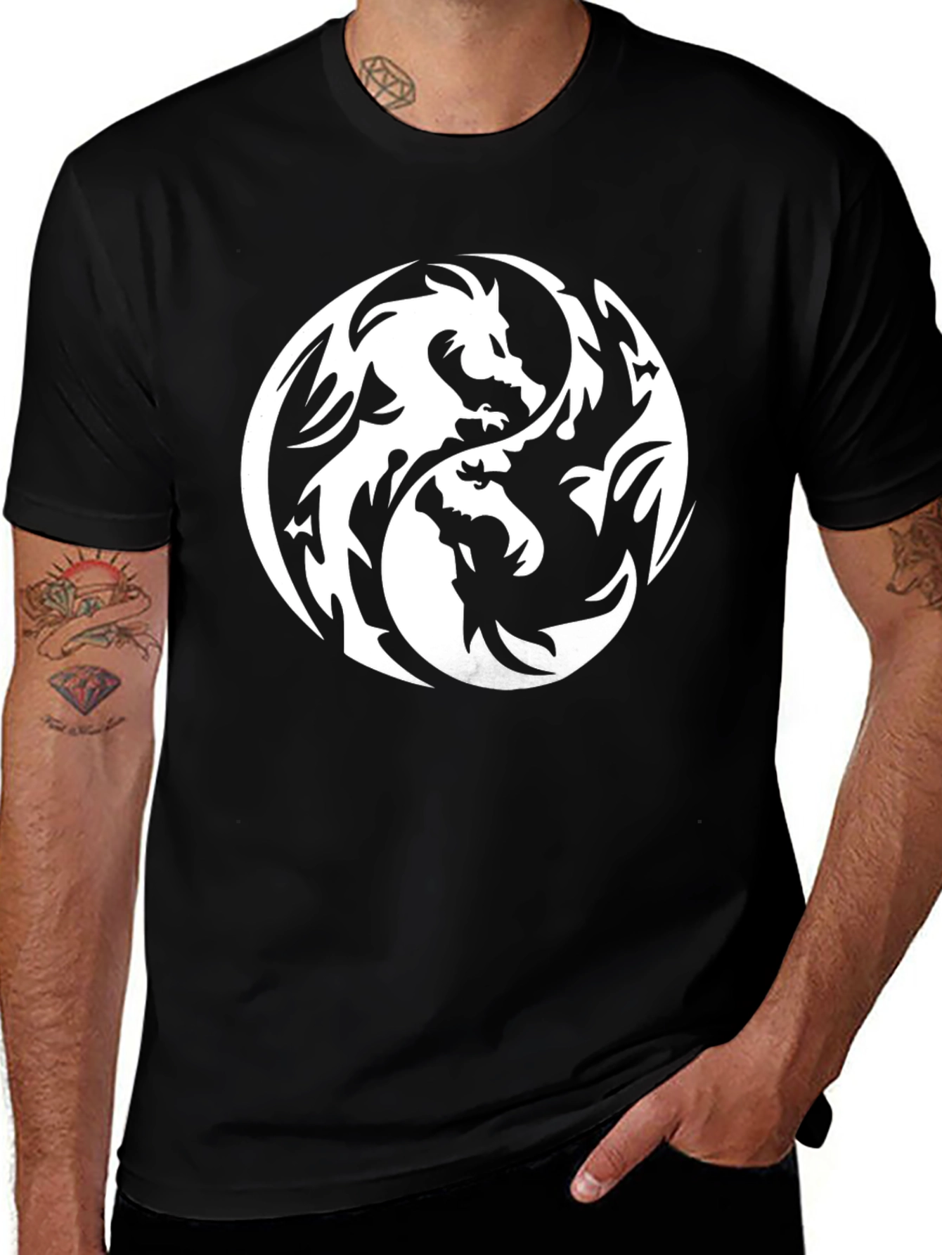 Yin Yang Dragon Graphic Tee - Black Cotton T-Shirt