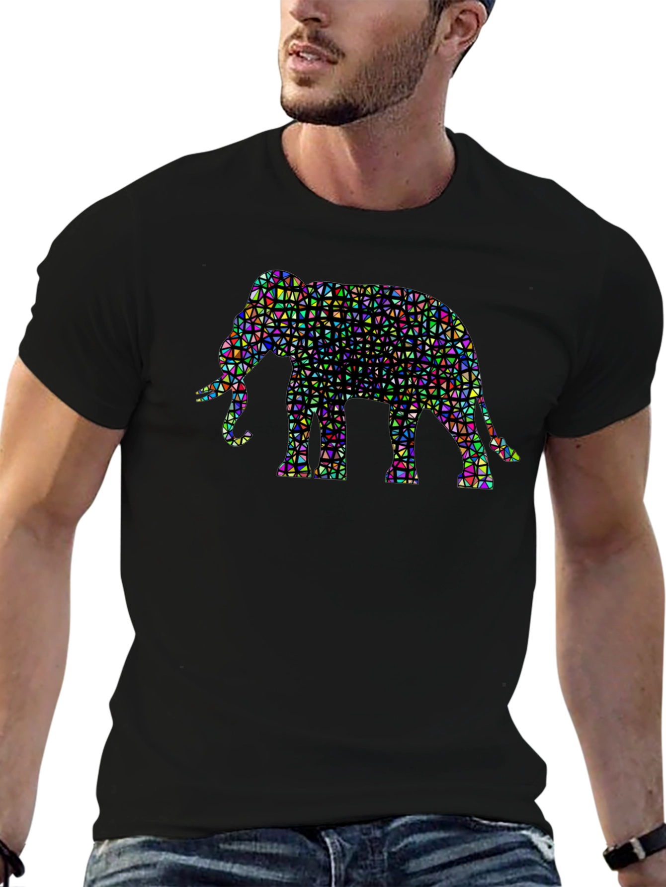 Geometric Elephant Graphic Tee - Black Cotton Shirt
