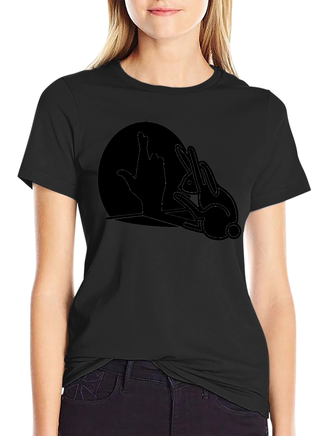 Rabbit Shadow Hand Gesture Black T-Shirt