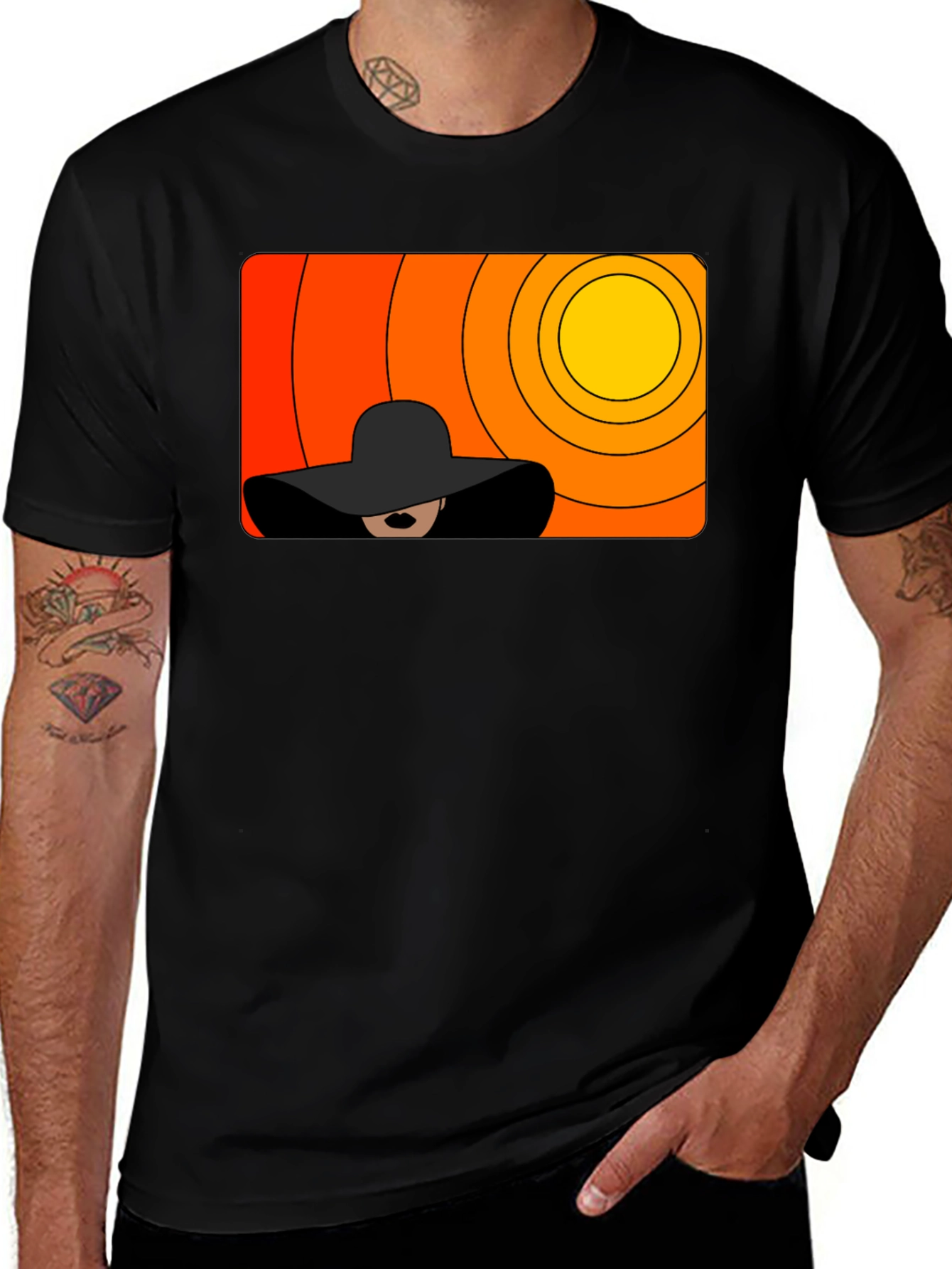 Stylish Black T-Shirt with Abstract Sunset Graphic