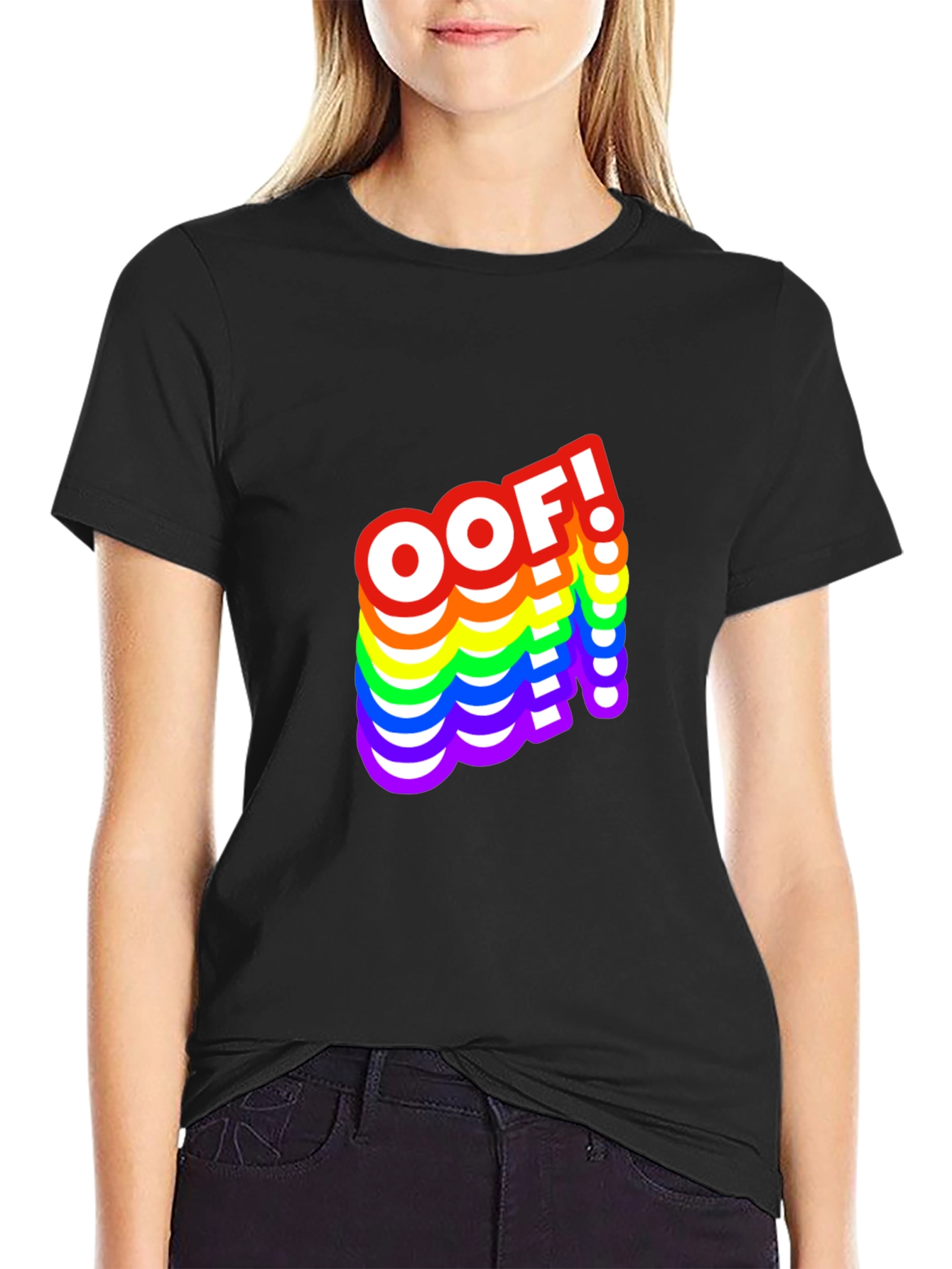 OOF! Rainbow Text Graphic Black T-Shirt
