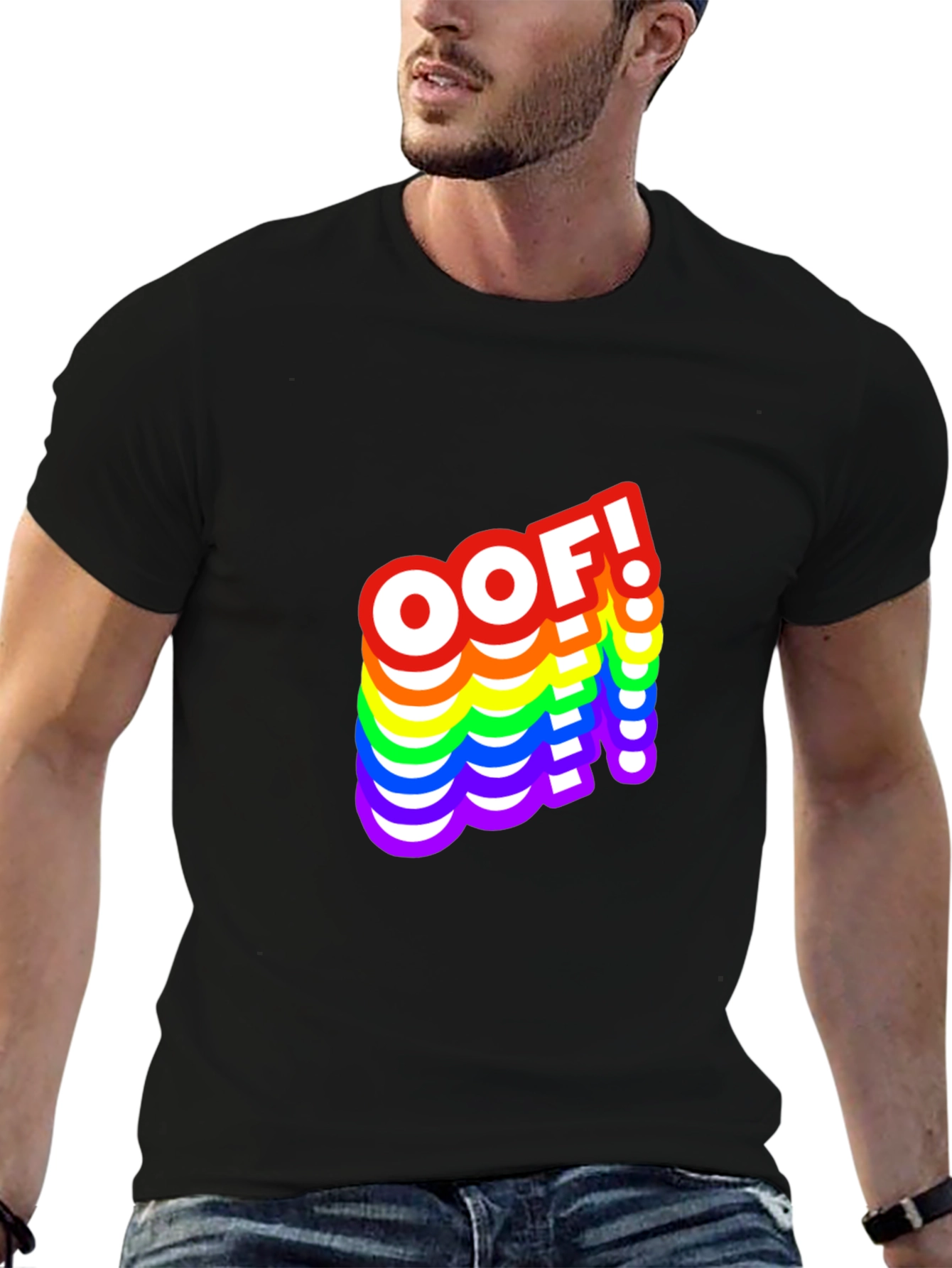OOF! Rainbow Text Graphic Black T-Shirt