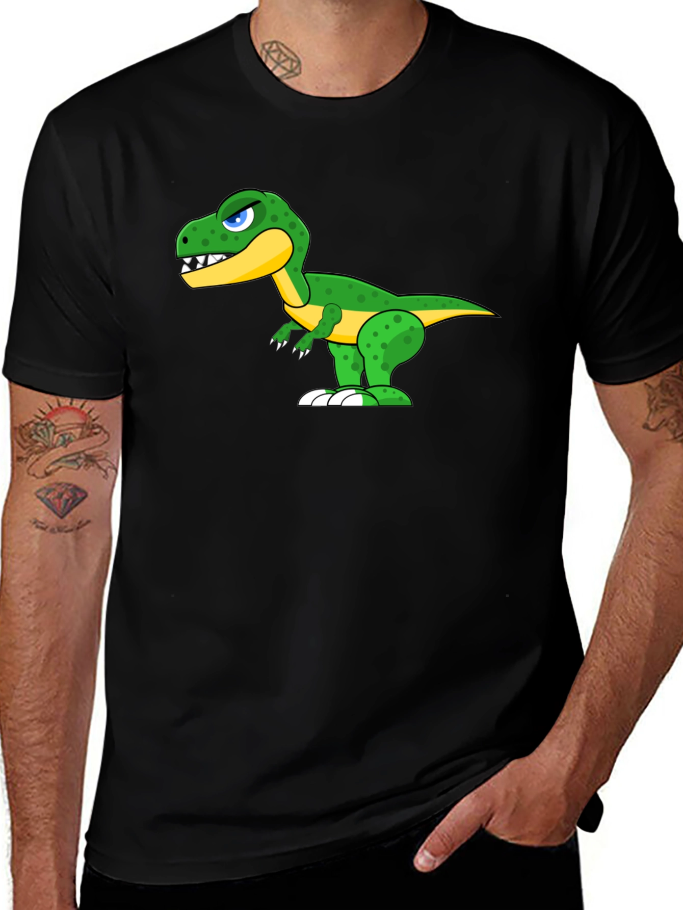 Cartoon Dinosaur Graphic Tee - Black