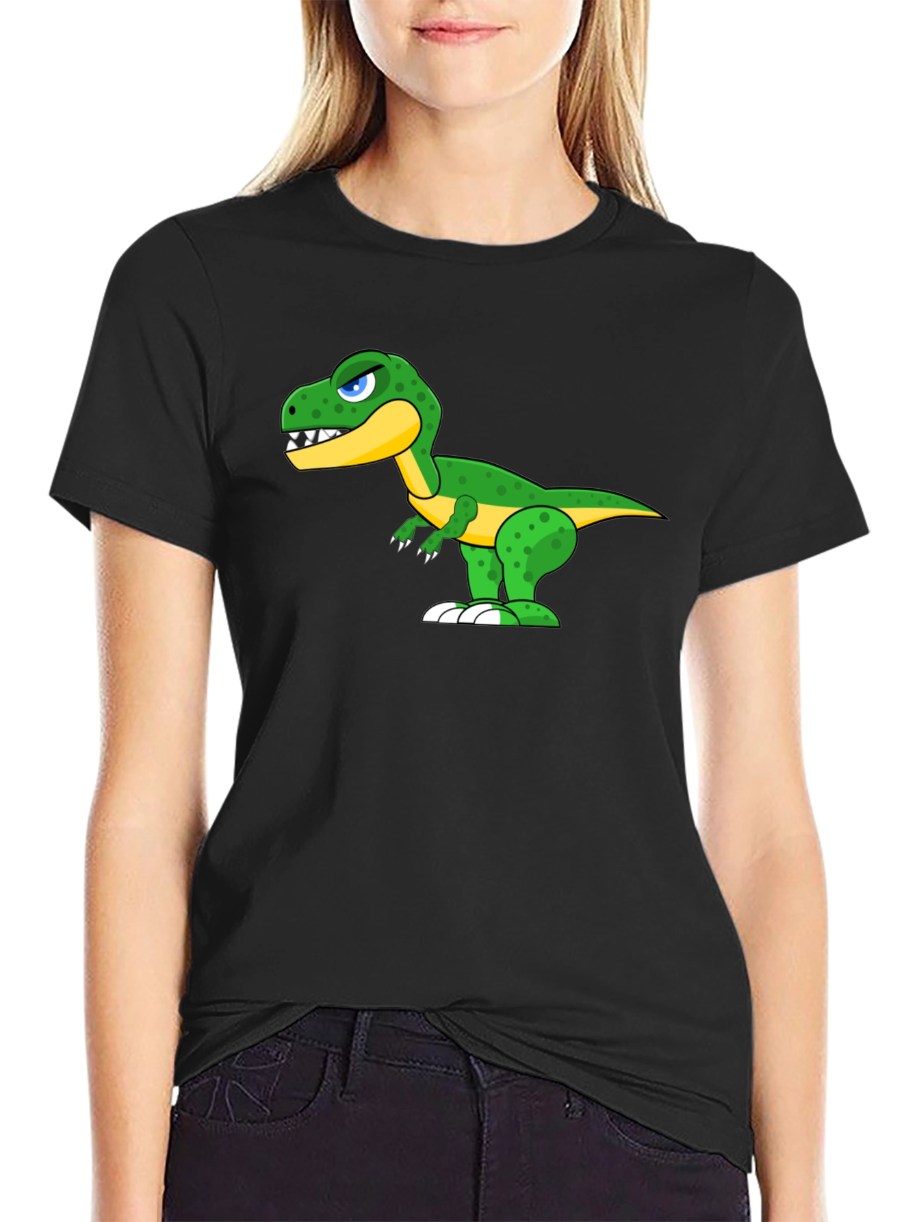 Cartoon Dinosaur Graphic Tee - Black