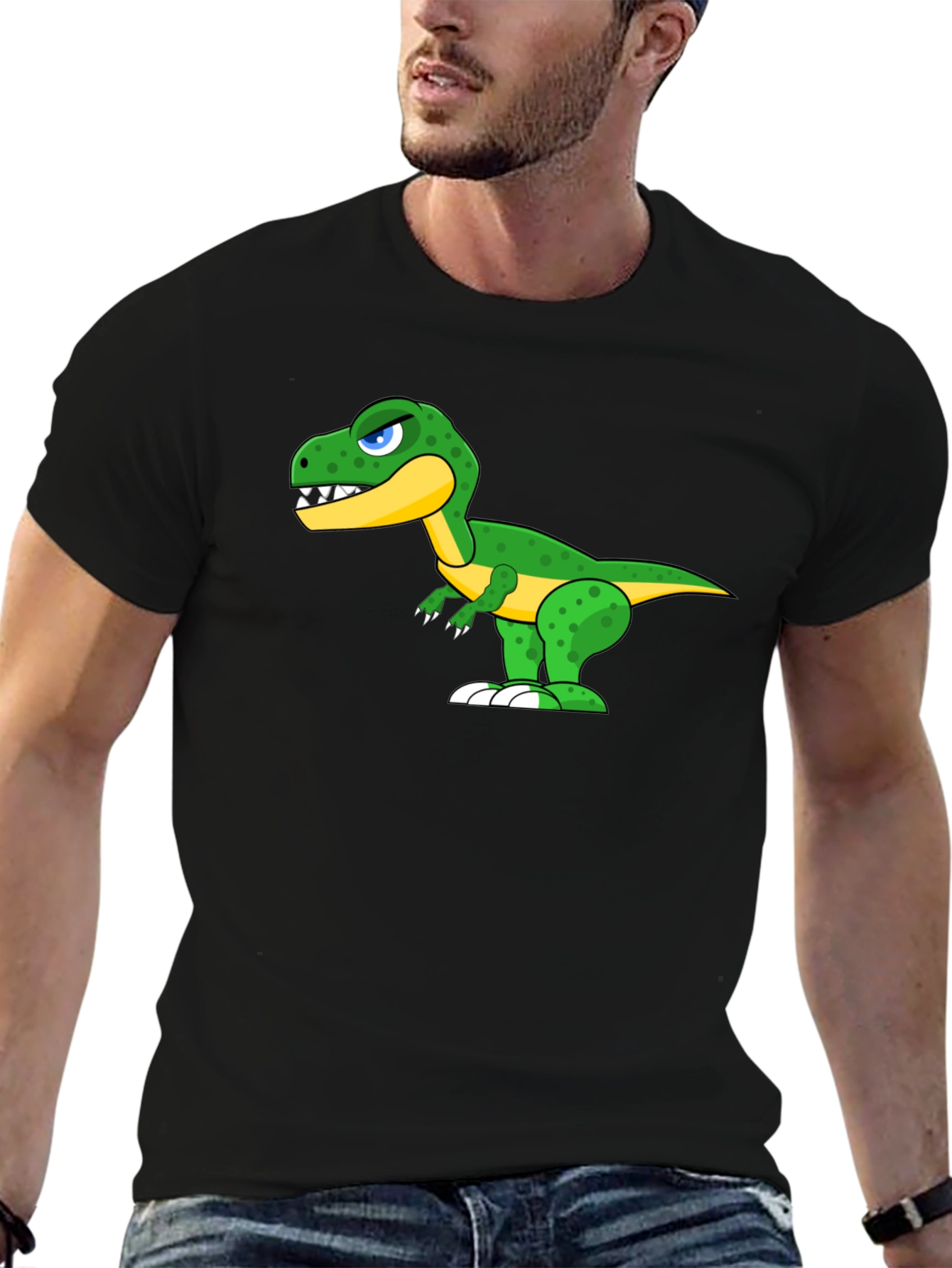 Cartoon Dinosaur Graphic Tee - Black