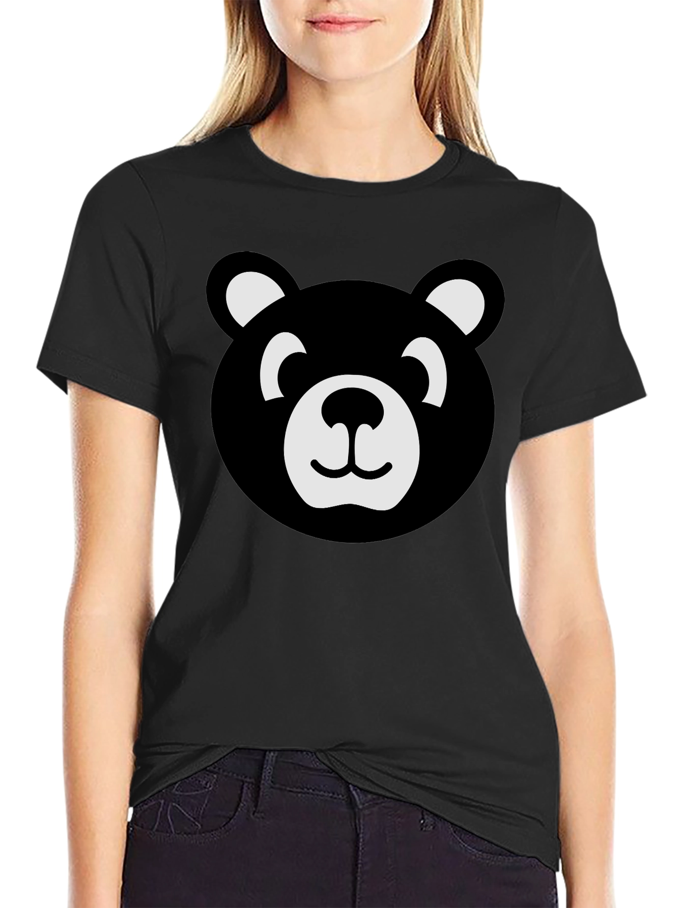 Cute Bear Face Graphic Black T-Shirt