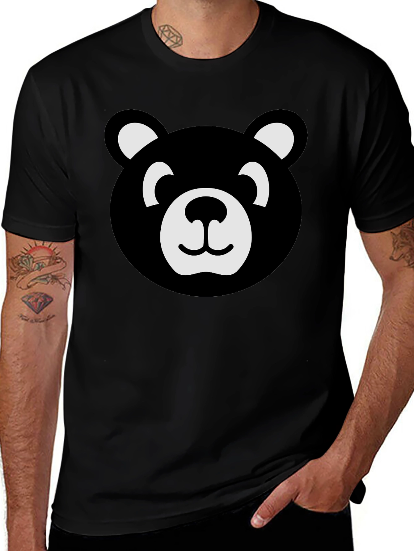 Cute Bear Face Graphic Black T-Shirt