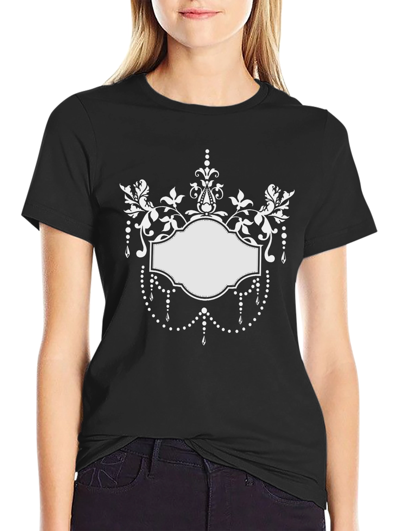 Elegant Floral Frame Black T-Shirt