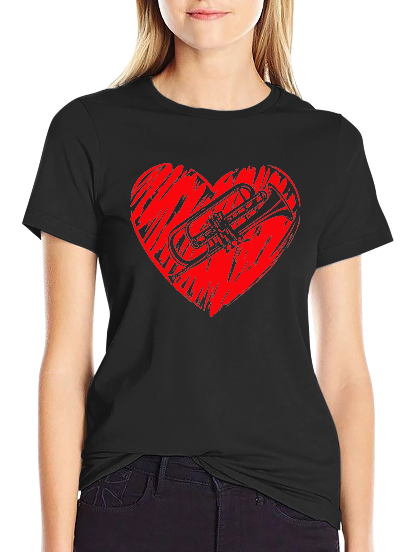 Trumpet Heart Graphic Black T-Shirt
