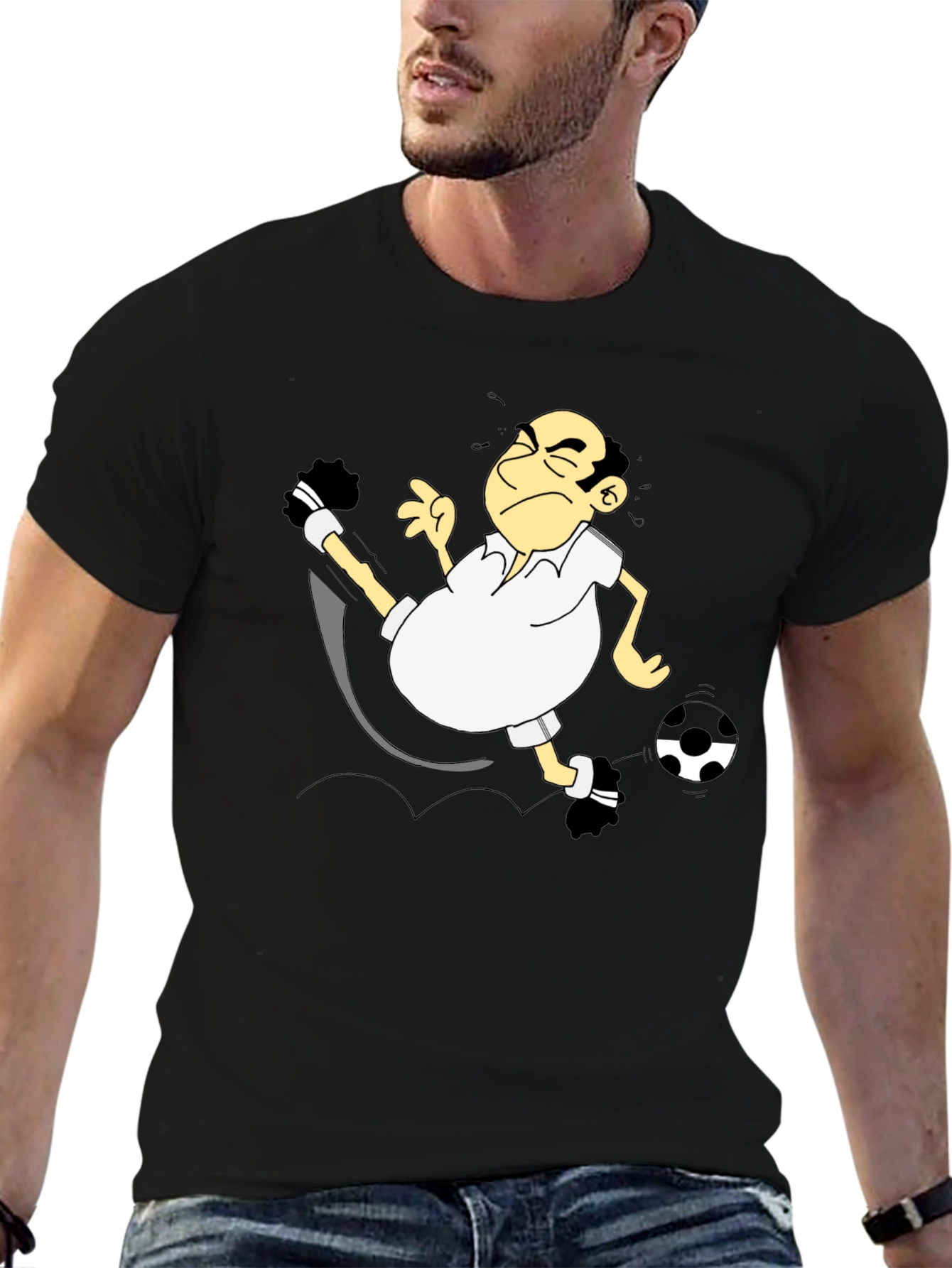 Funny Soccer Cartoon Black T-Shirt