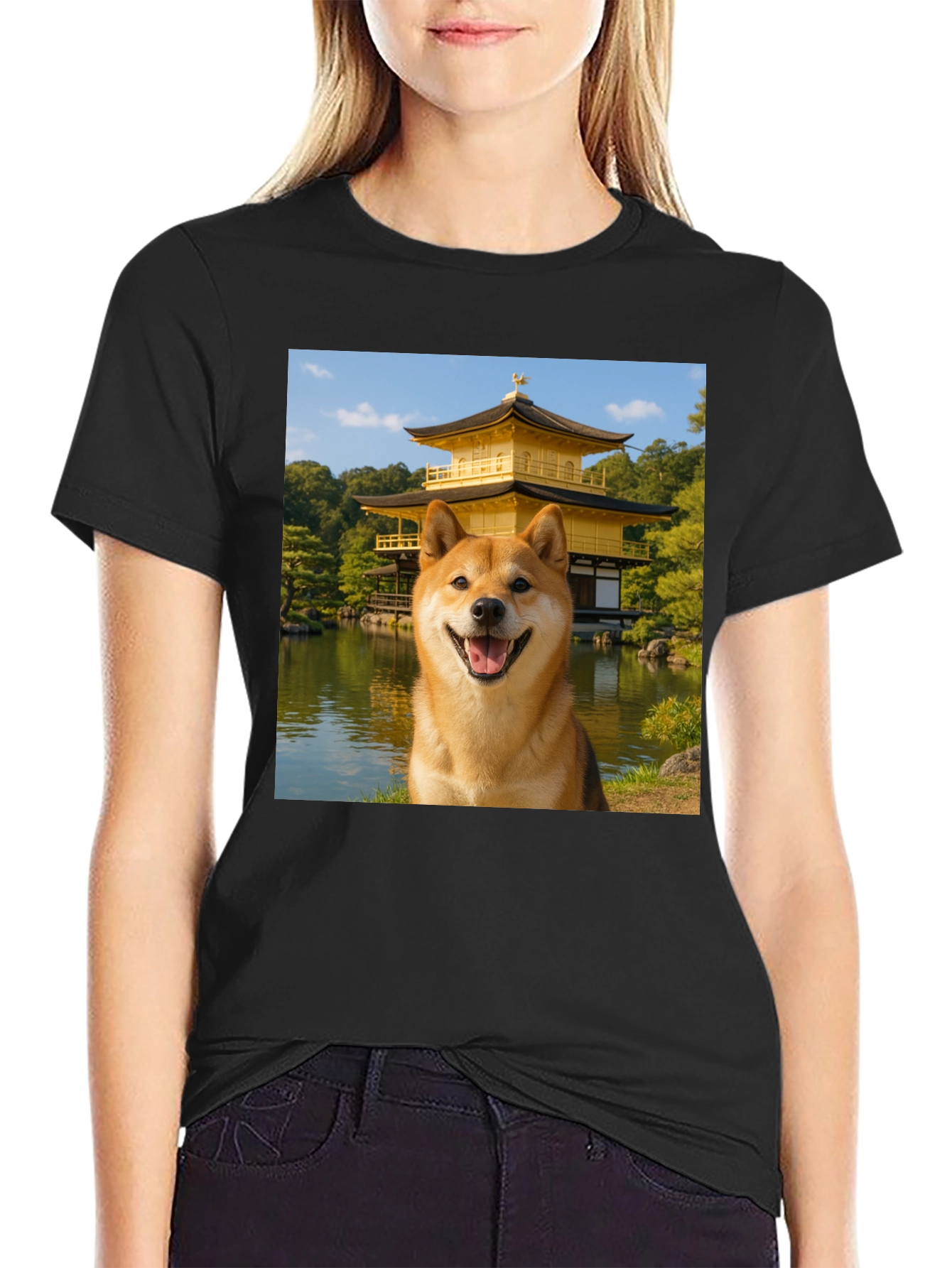 Shiba Inu Dog Golden Pavilion Black T-Shirt
