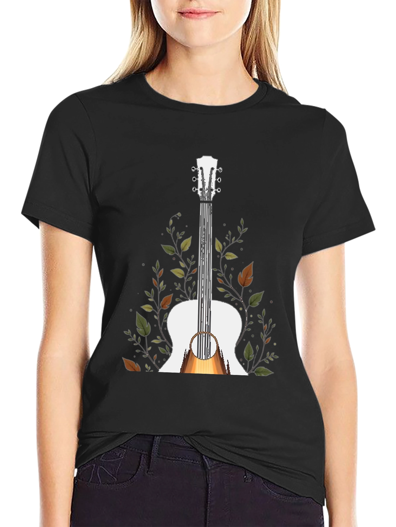Guitar & Foliage Graphic T-Shirt - Black