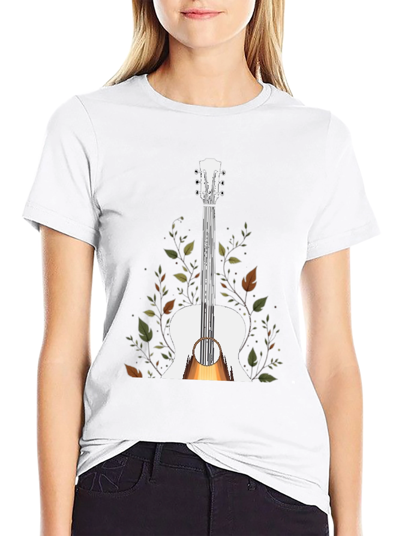 Guitar & Foliage Graphic T-Shirt - Black