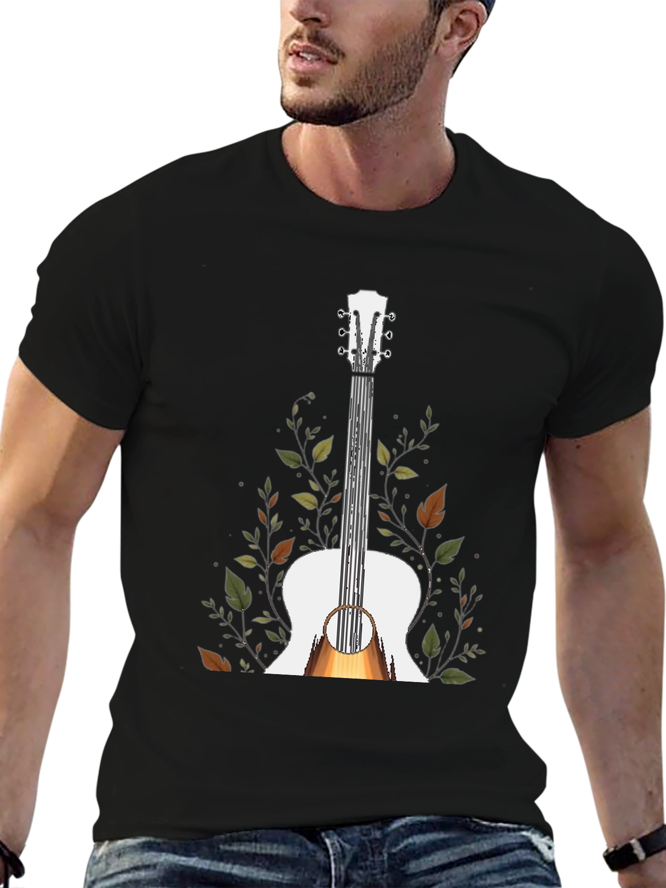 Guitar & Foliage Graphic T-Shirt - Black