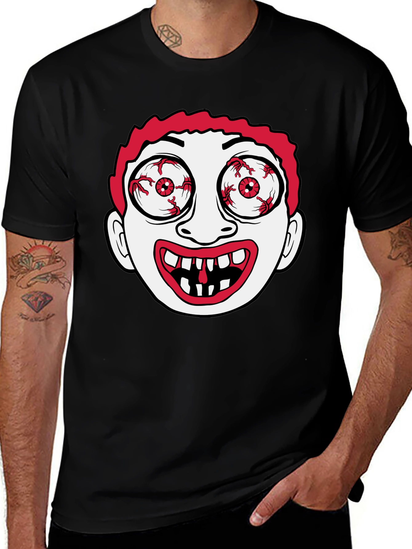 Creepy Cartoon Face Black T-Shirt