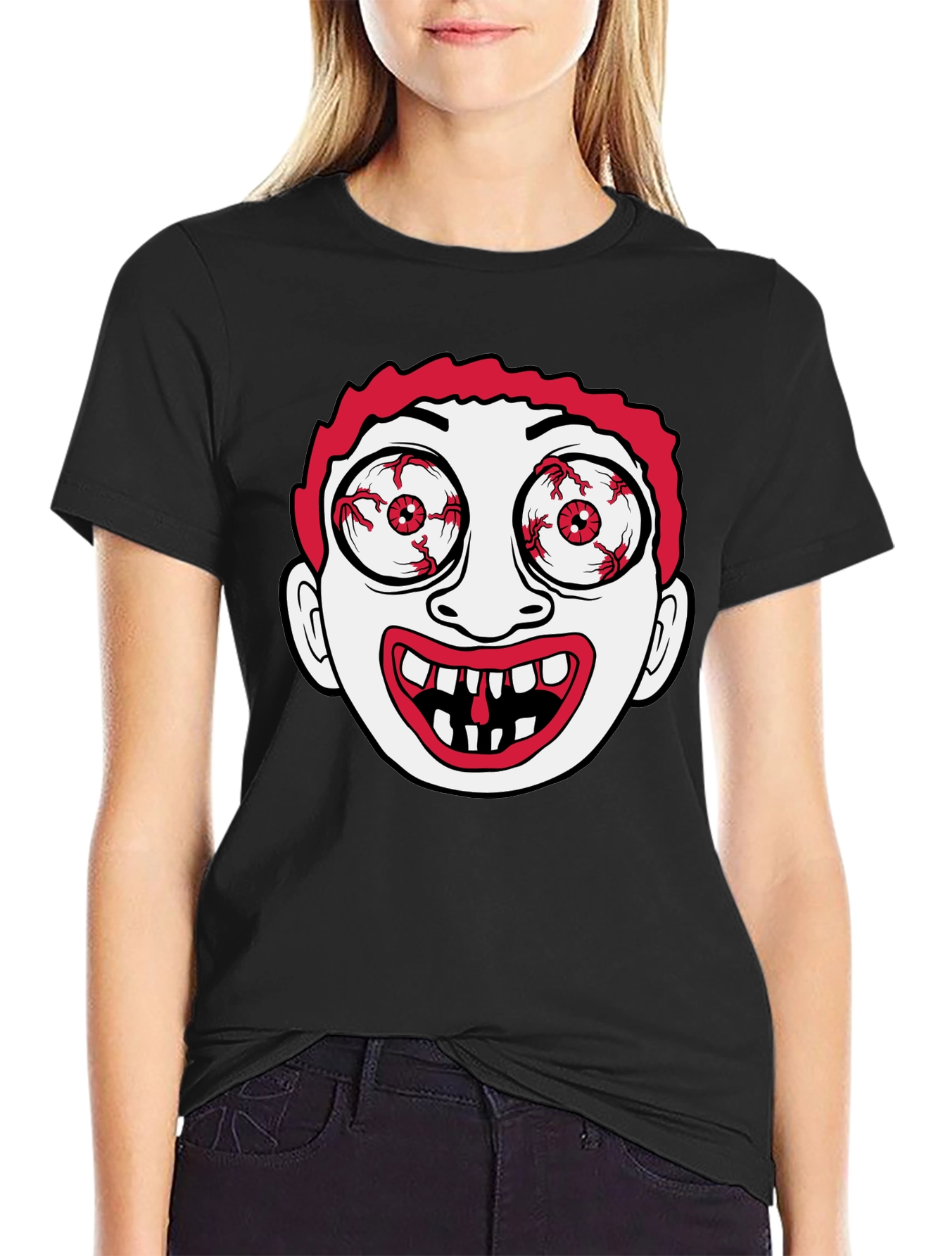 Creepy Cartoon Face Black T-Shirt