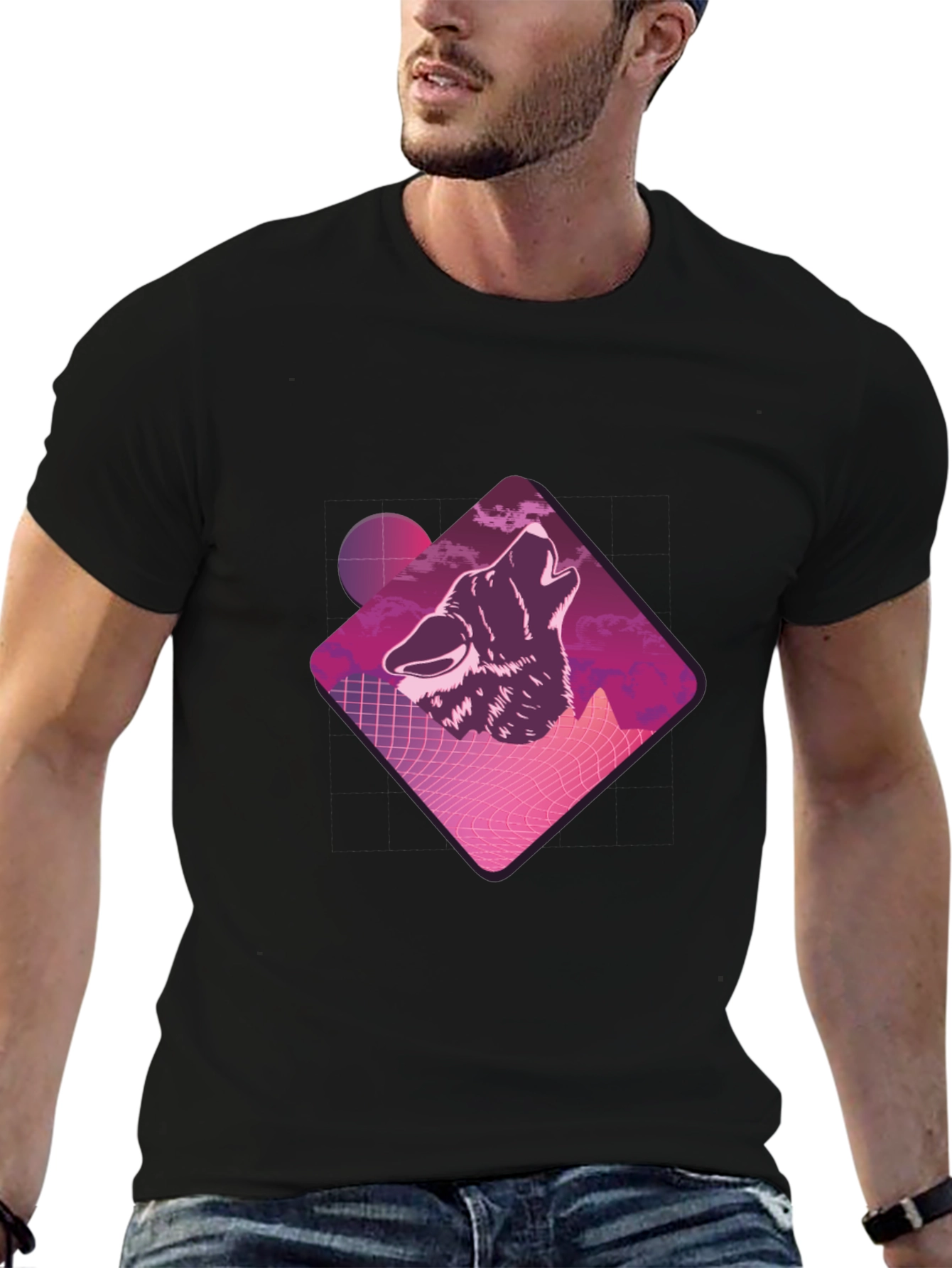 Retro Wolf Graphic Tee - Black Crew Neck T-Shirt