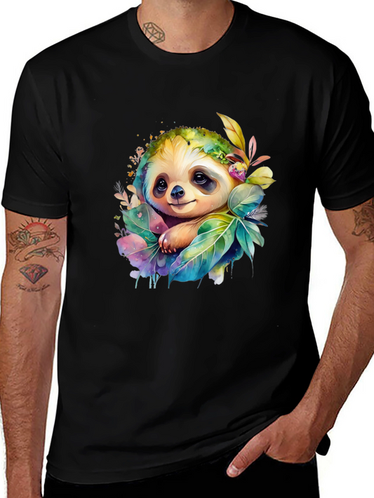 Cute Sloth Floral Watercolor Mens T-Shirt