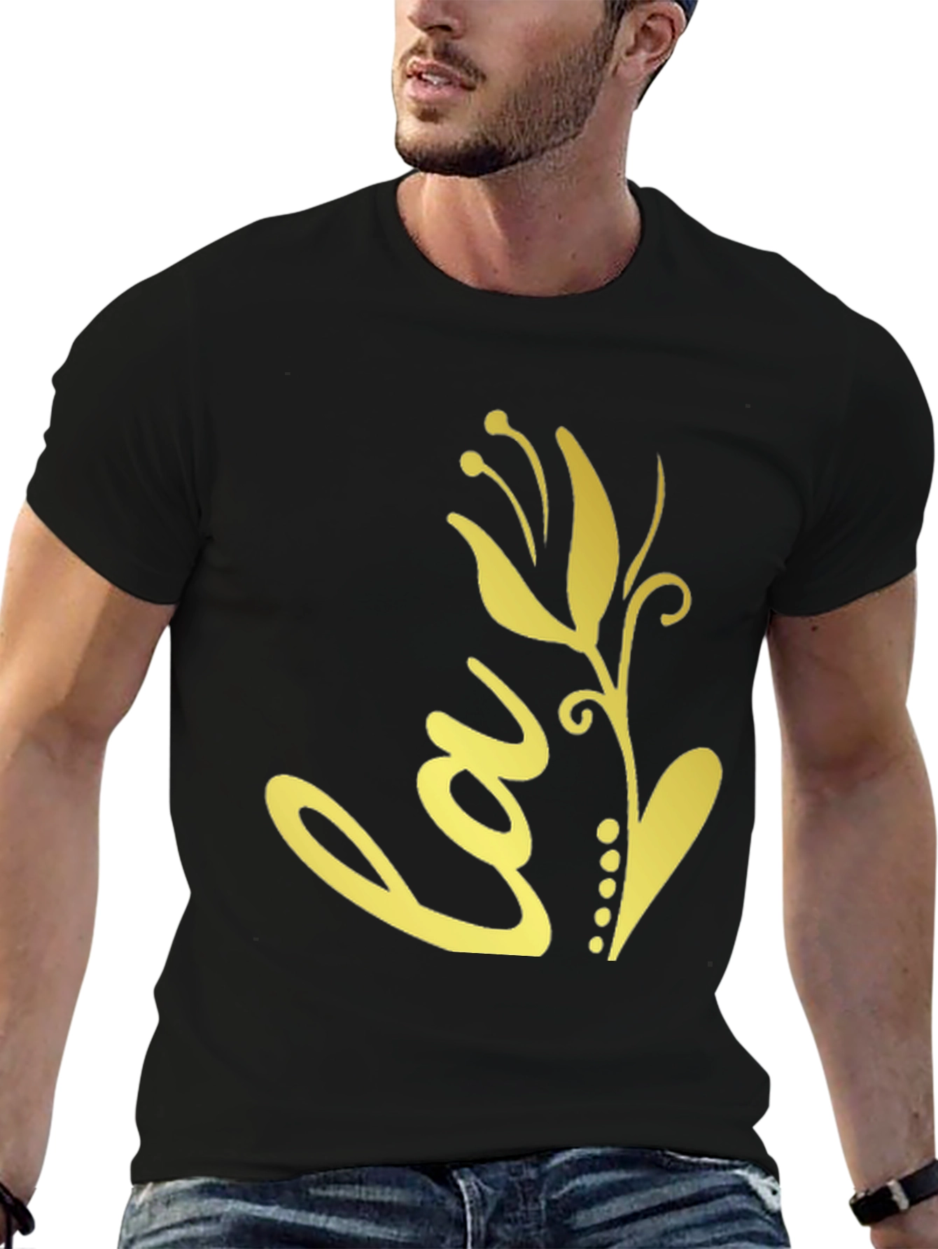 Black T-Shirt with Gold Floral Love Design