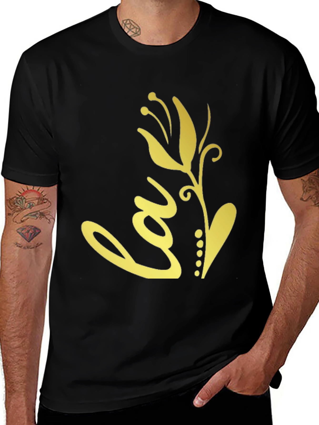 Black T-Shirt with Gold Floral Love Design