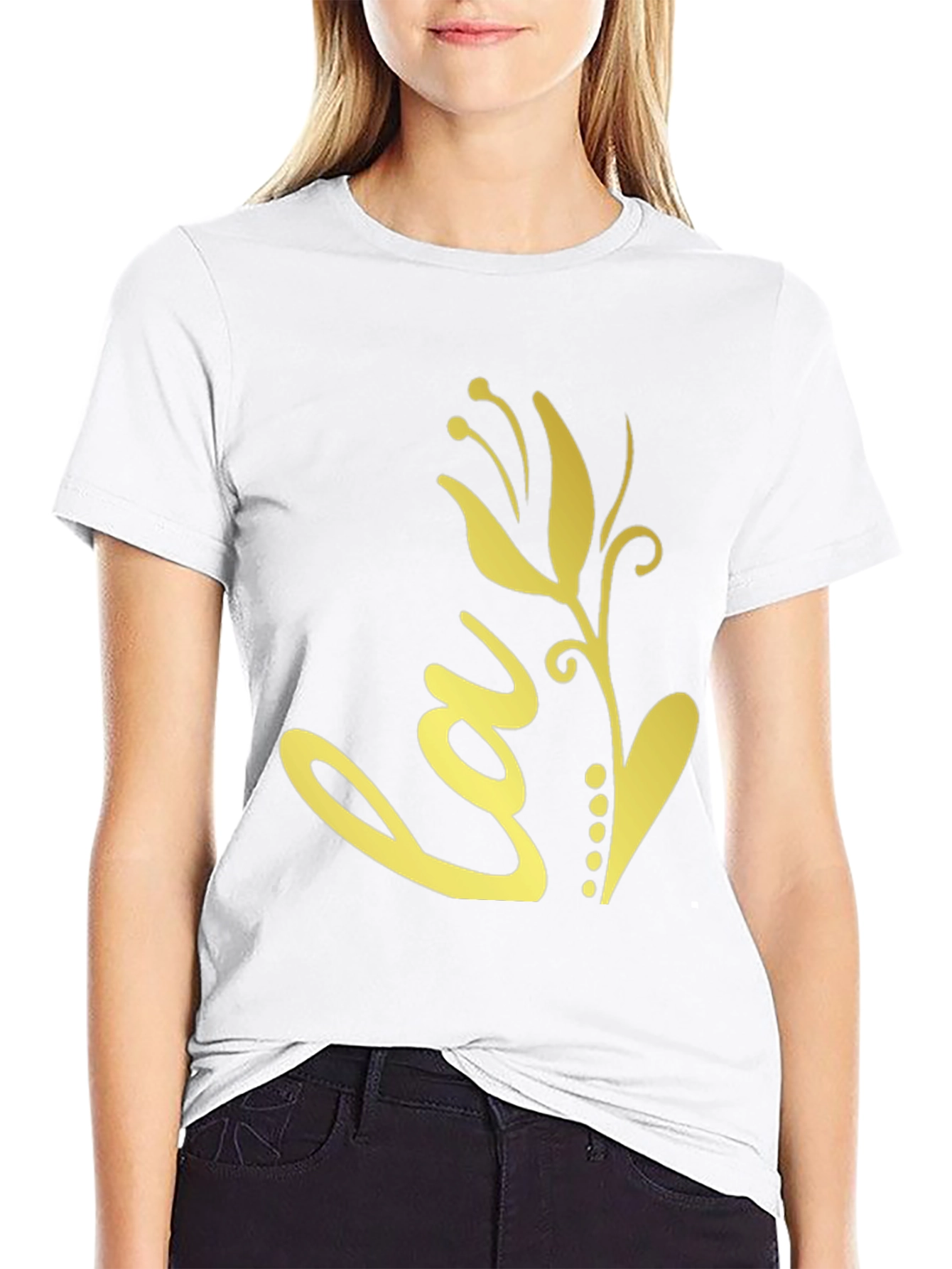 Black T-Shirt with Gold Floral Love Design