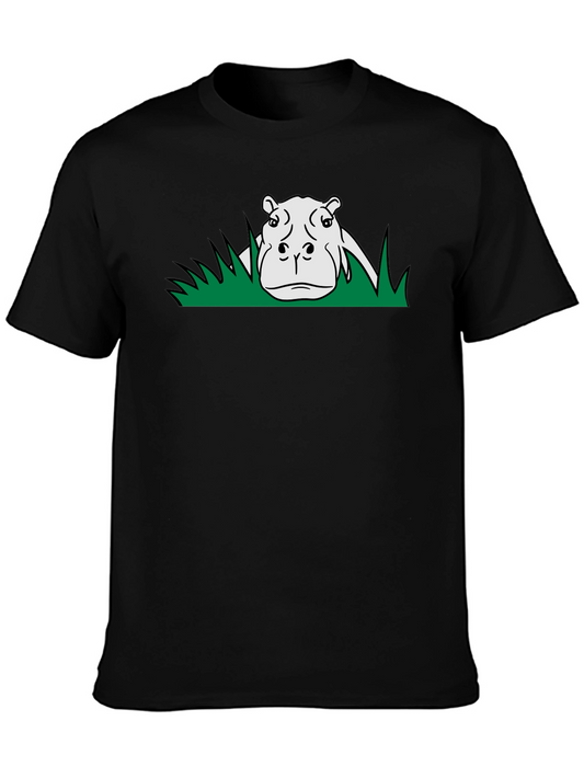 Hippo in Grass Graphic Print Black T-Shirt