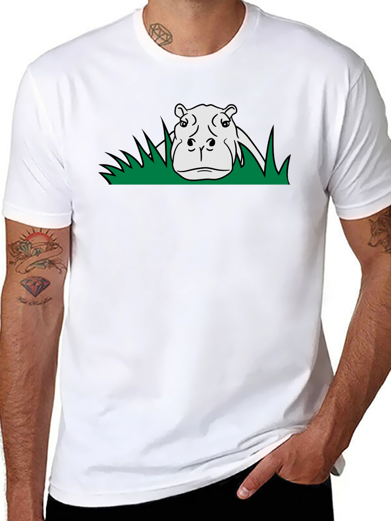 Hippo in Grass Graphic Print Black T-Shirt