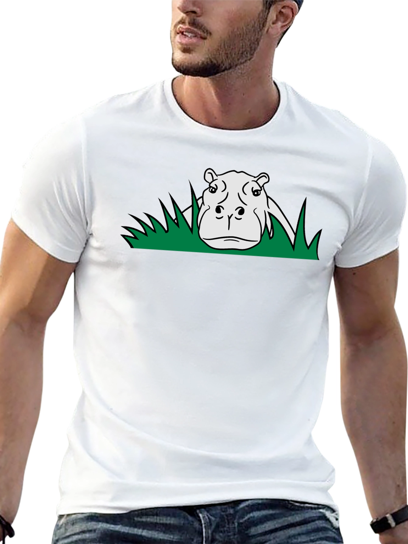 Hippo in Grass Graphic Print Black T-Shirt