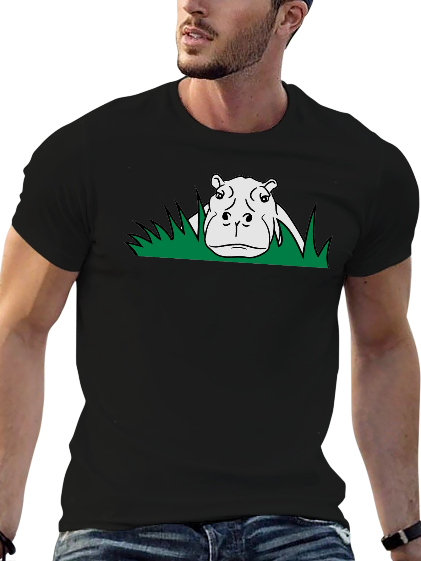 Hippo in Grass Graphic Print Black T-Shirt