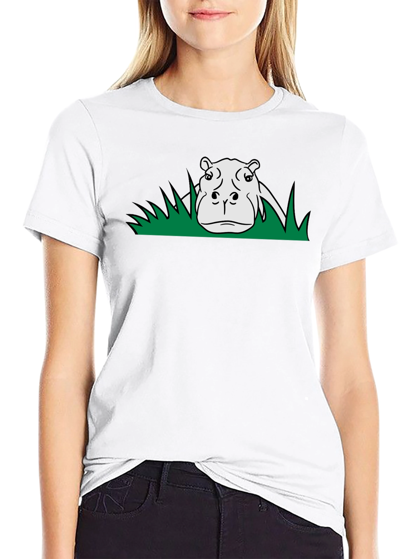 Hippo in Grass Graphic Print Black T-Shirt