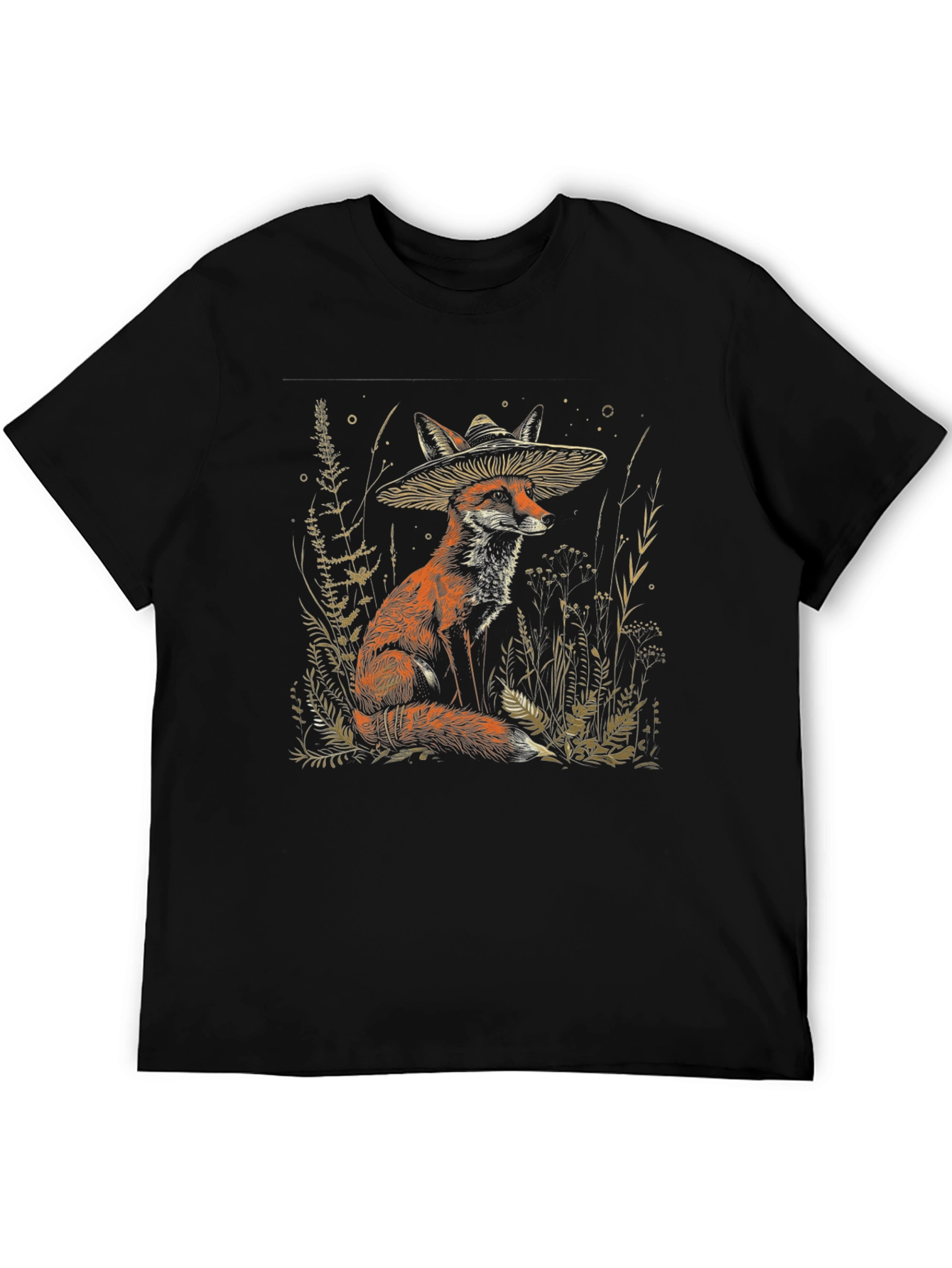 Fox Mushroom Hat Black T-Shirt