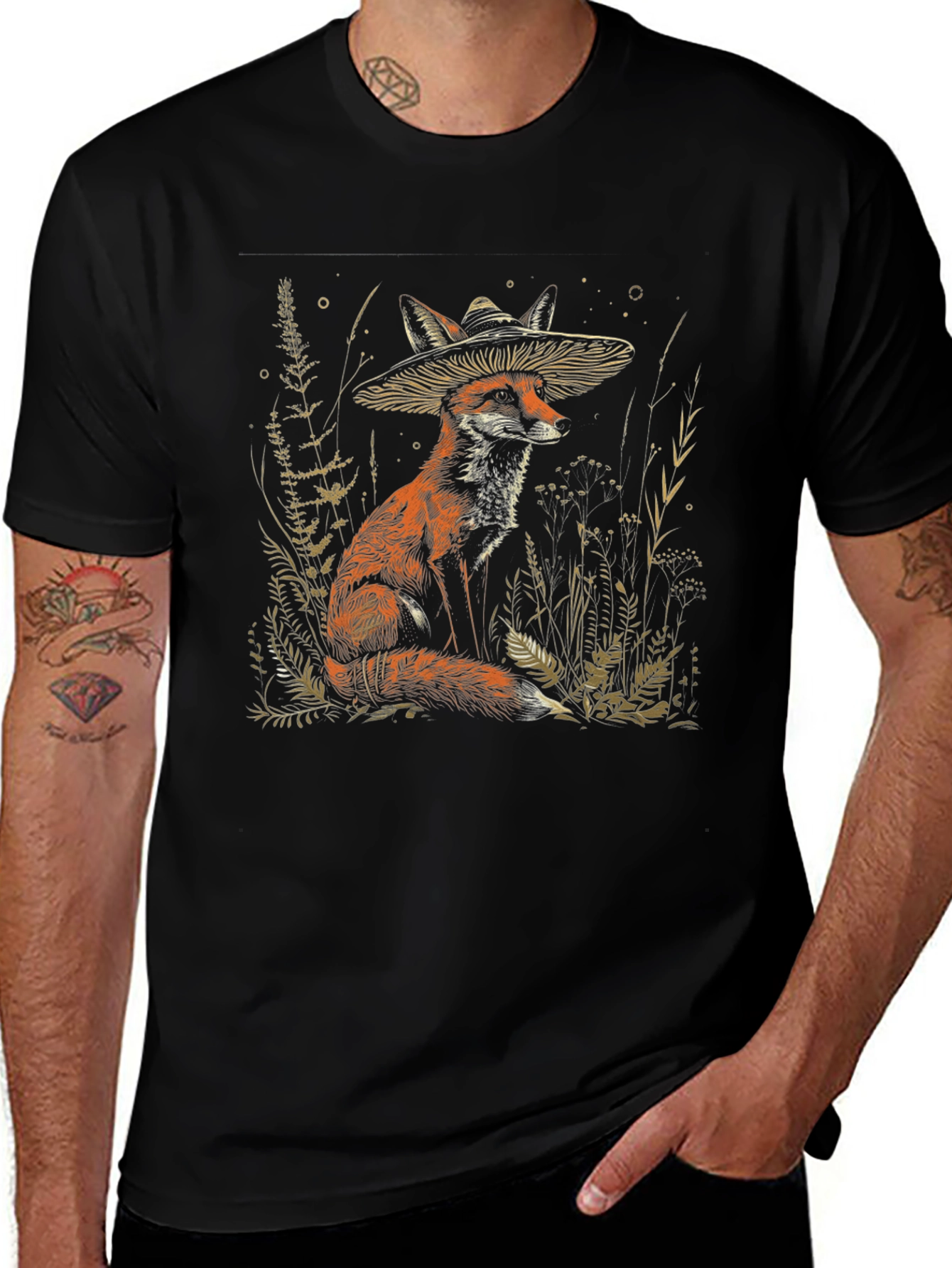 Fox Mushroom Hat Black T-Shirt