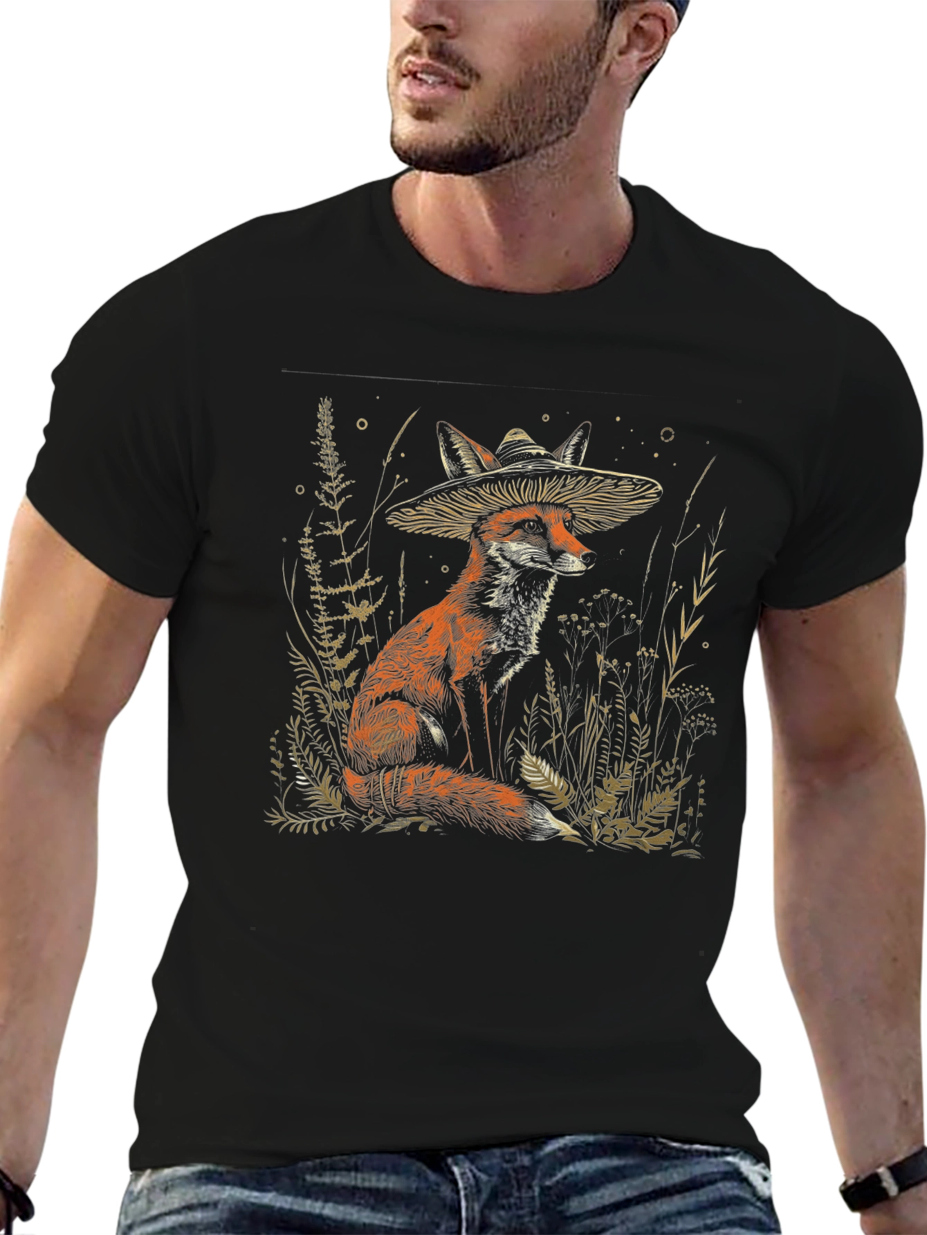 Fox Mushroom Hat Black T-Shirt