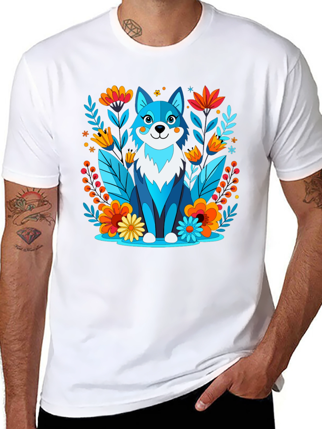 Whimsical Floral Wolf Graphic T-Shirt