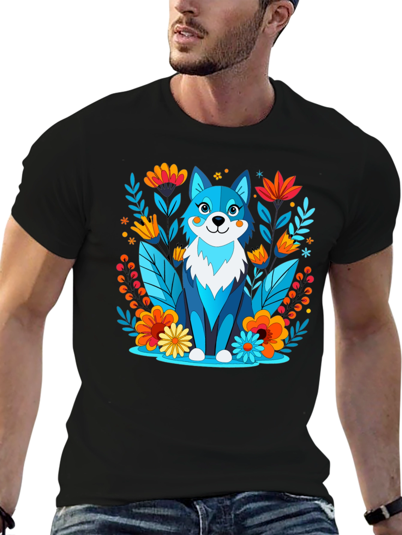 Whimsical Floral Wolf Graphic T-Shirt