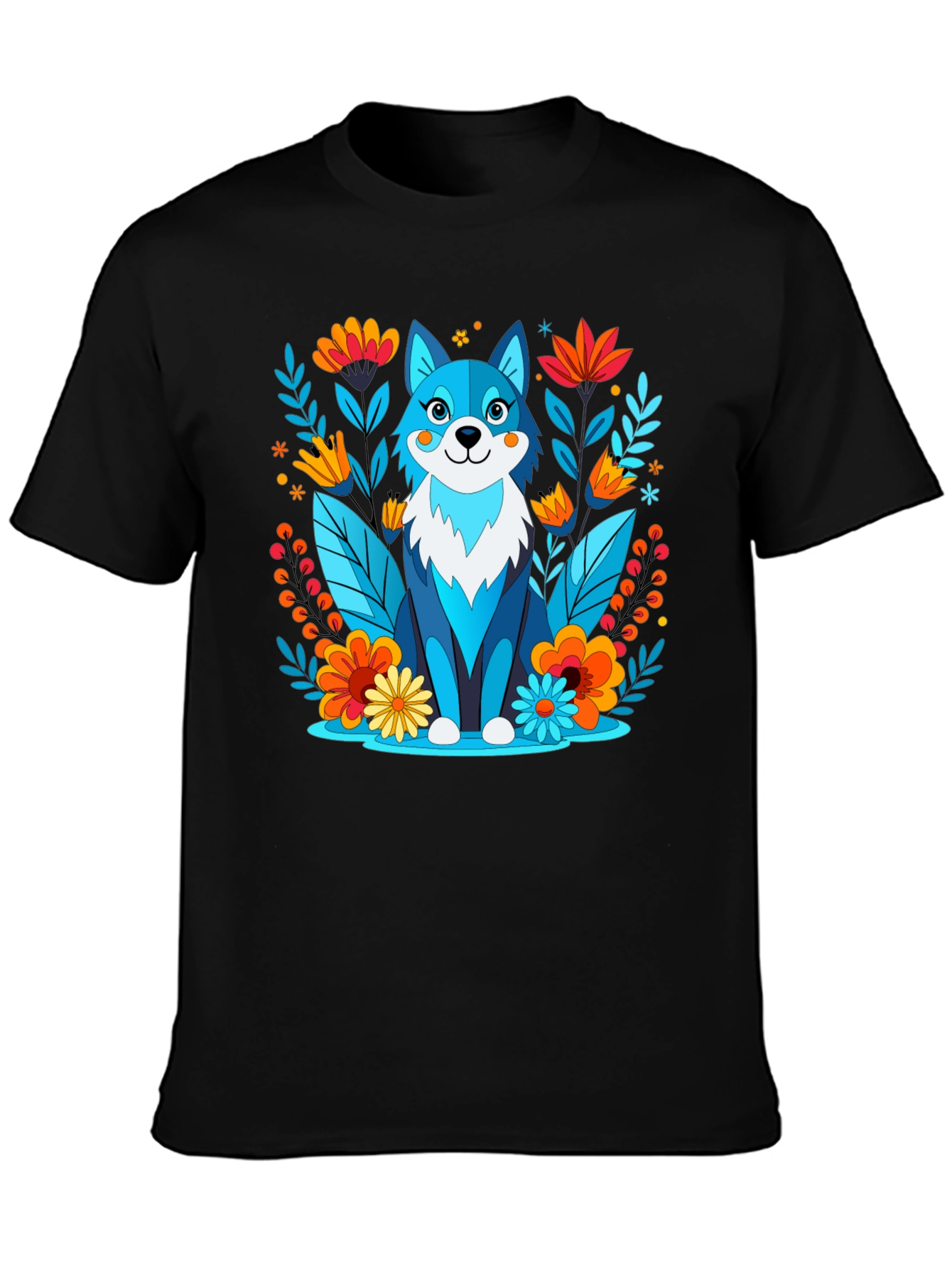 Whimsical Floral Wolf Graphic T-Shirt